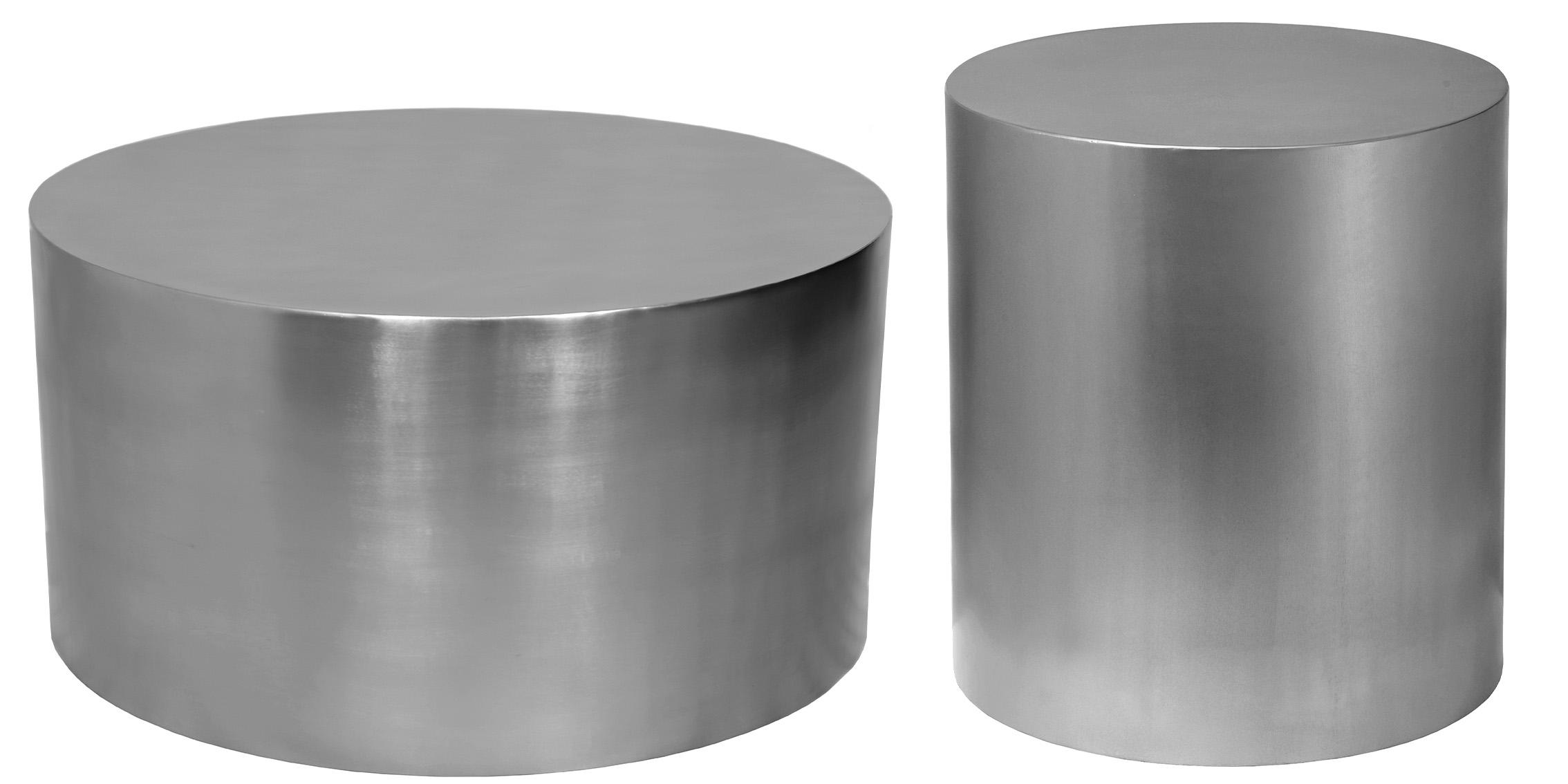 

    
Brushed Chrome Metal Round Coffee Table Set 2Pcs CYLINDER 297 Meridian Modern
