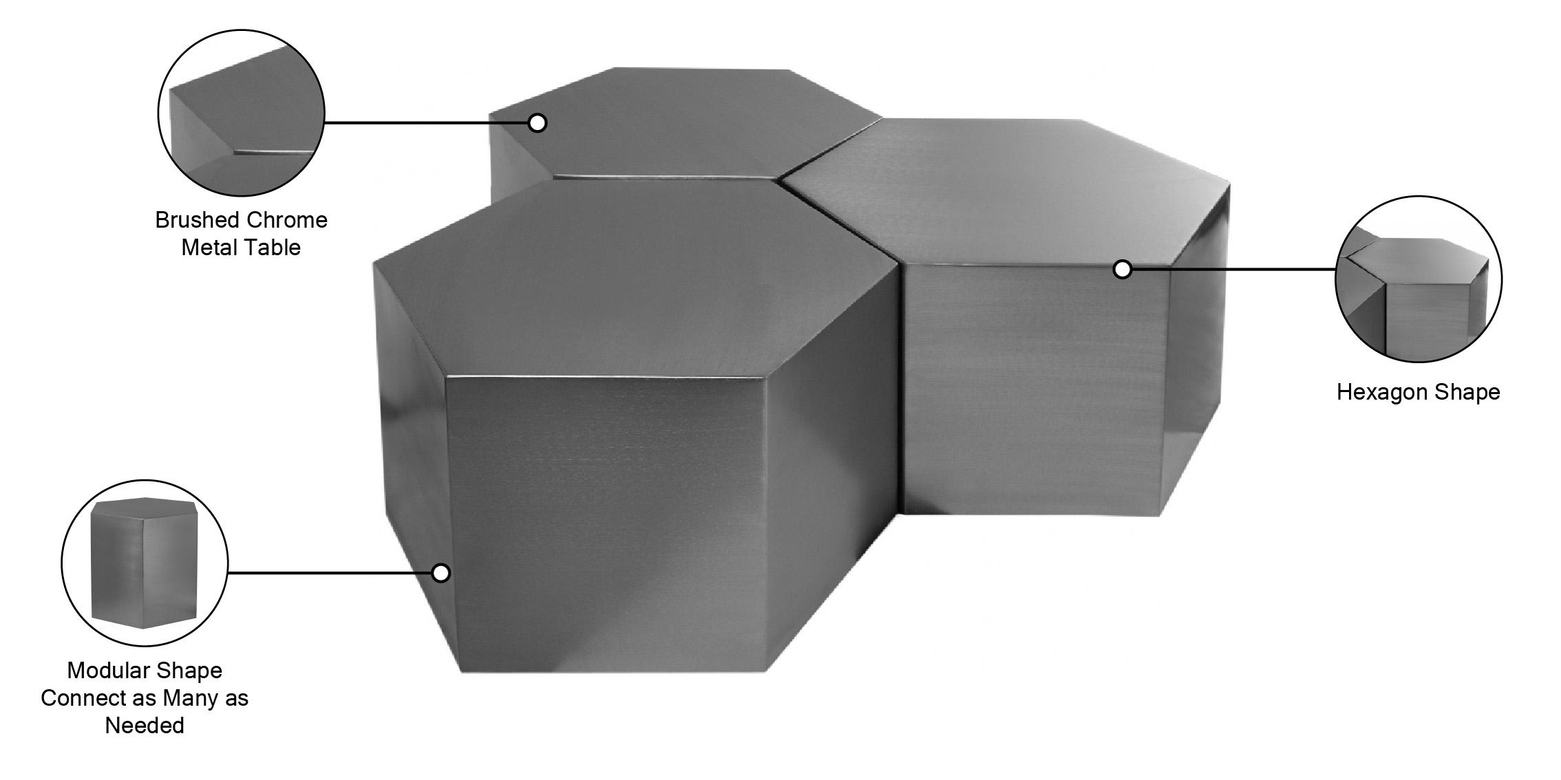 

    
 Order  Brushed Chrome Modular Coffee Table HEXAGON 293-CT-3PC Meridian Contemporary
