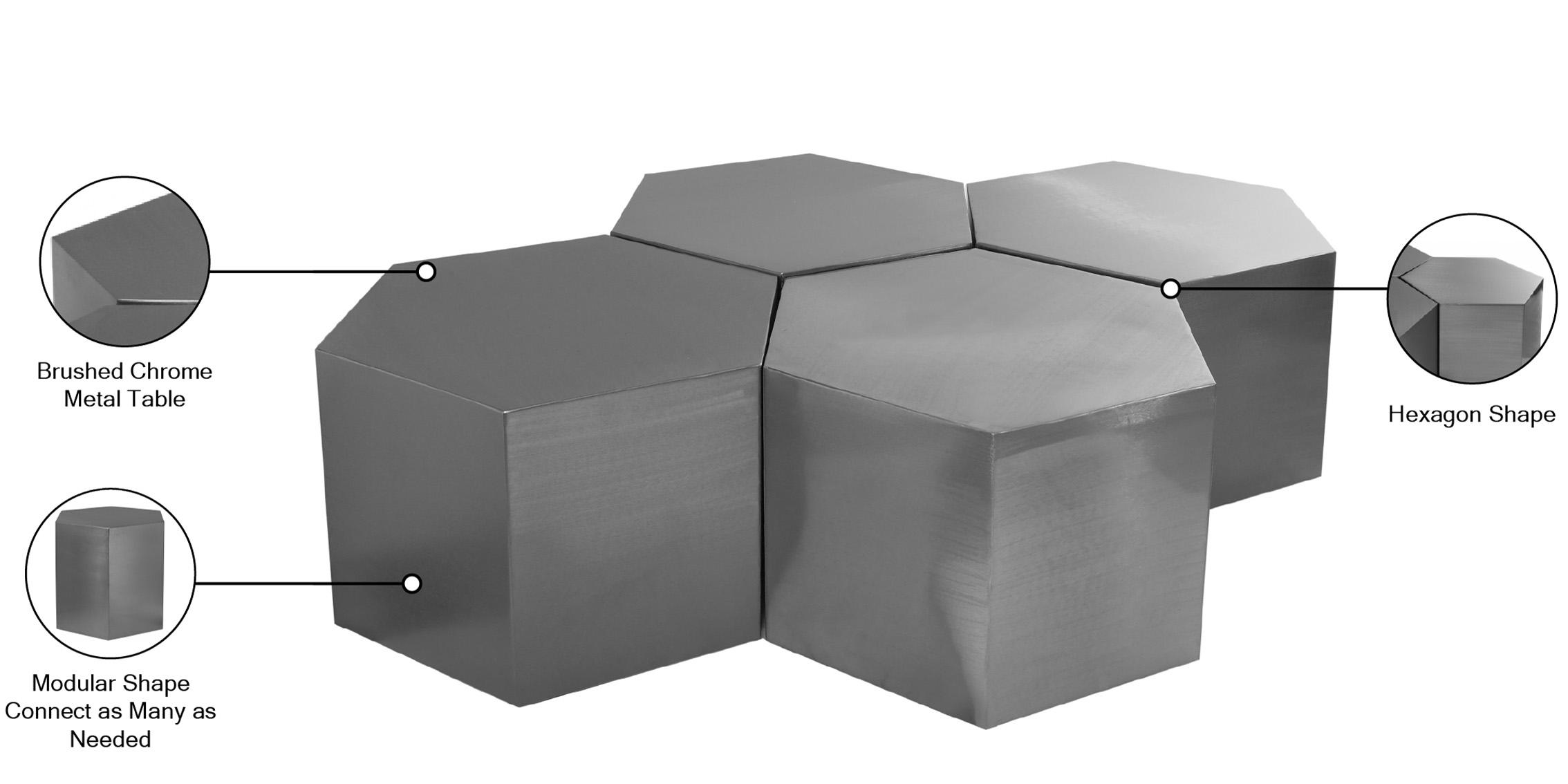 

    
 Order  Brushed Chrome Modular Coffee Table HEXAGON 293-CT-4PC Meridian Contemporary
