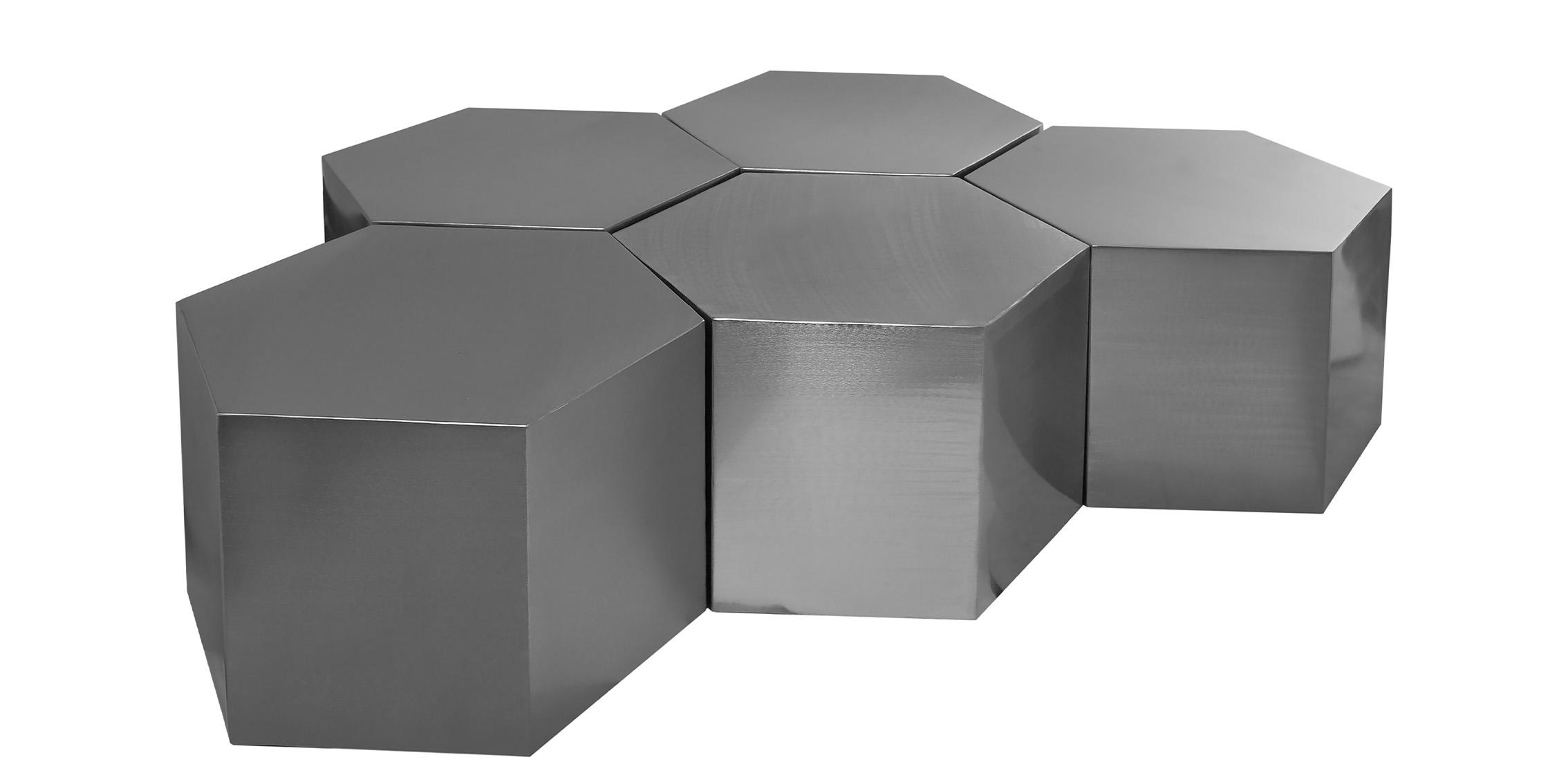 

    
Brushed Chrome Modular Coffee Table HEXAGON 293-CT-5PC Meridian Contemporary
