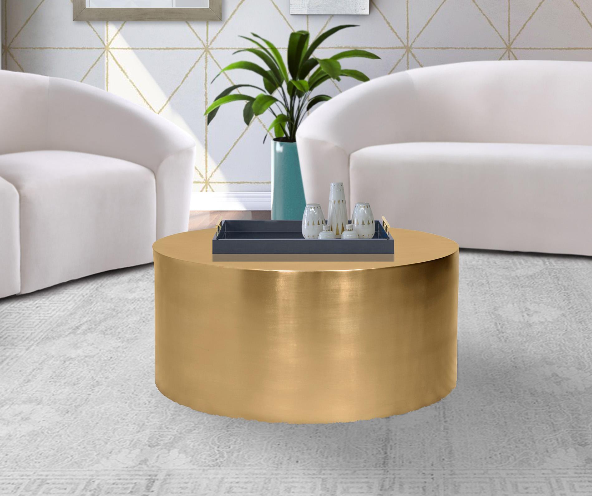 

    
Brushed Gold Metal Round Coffee Table CYLINDER 296-CT Meridian Modern

