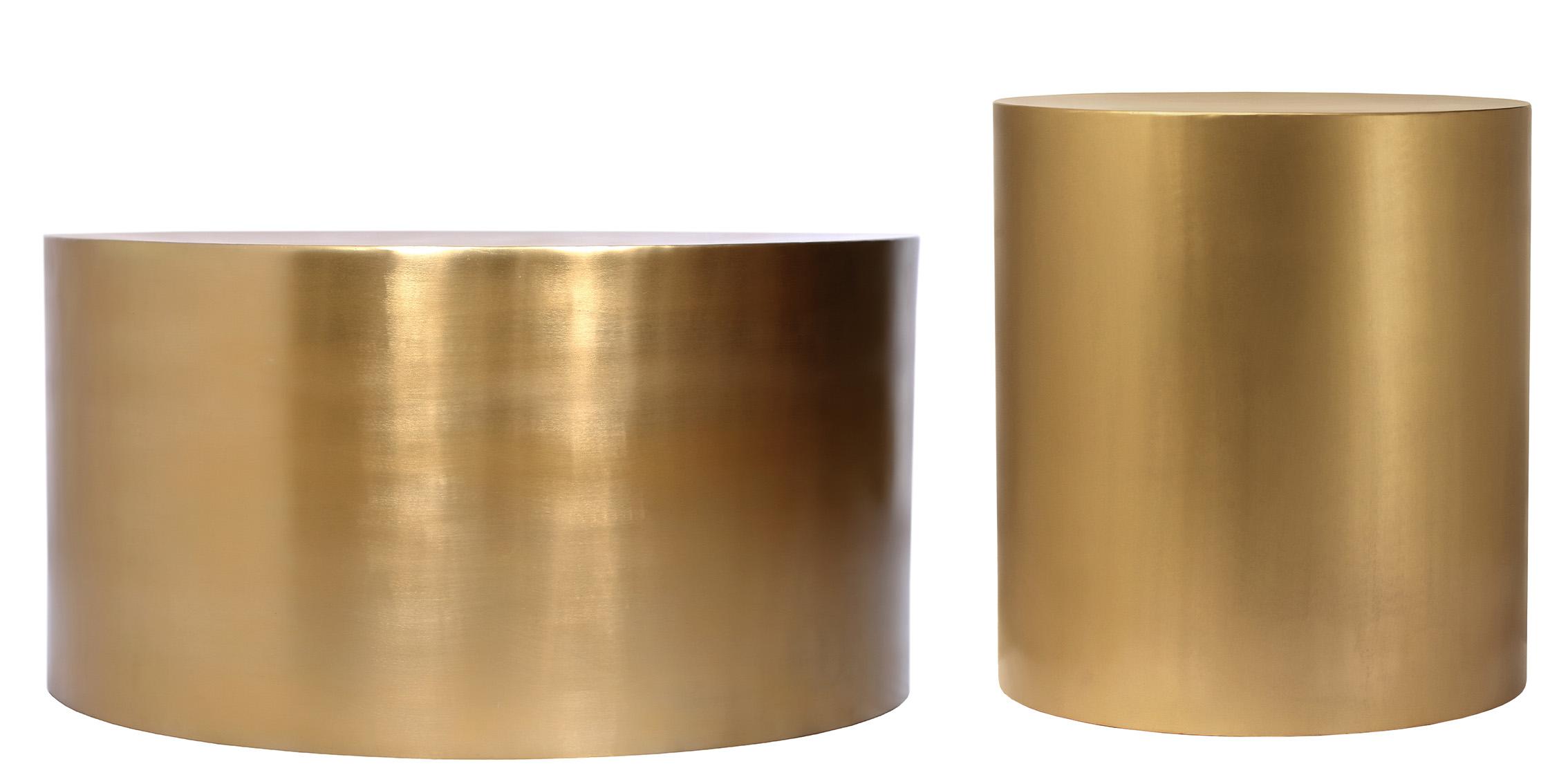 

    
Brushed Gold Metal Round Coffee Table Set 2Pcs CYLINDER 296-CT Meridian Modern
