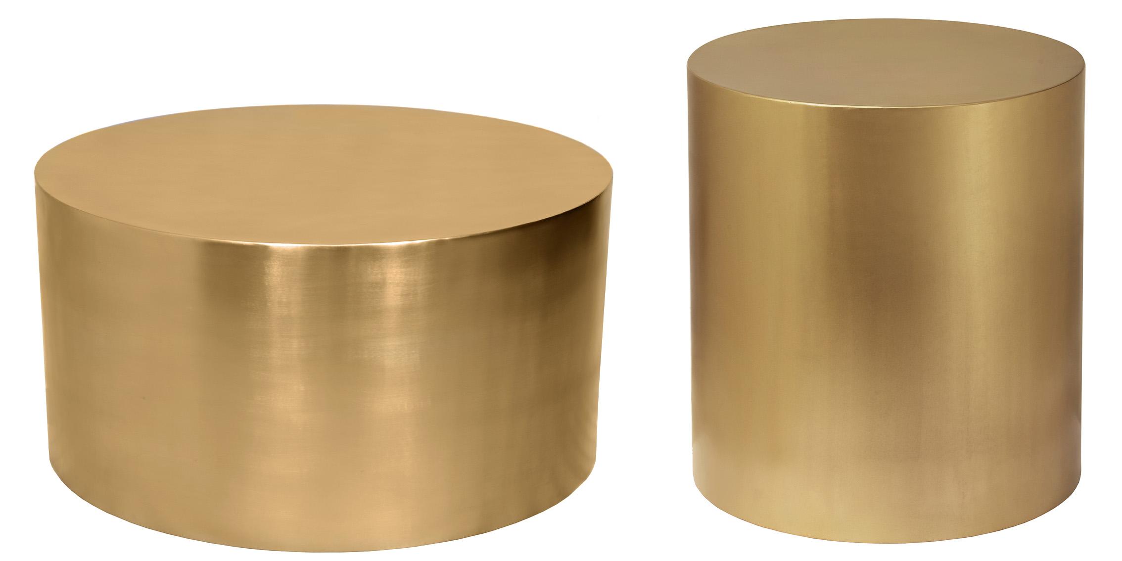 

    
Brushed Gold Metal Round Coffee Table Set 2Pcs CYLINDER 296-CT Meridian Modern
