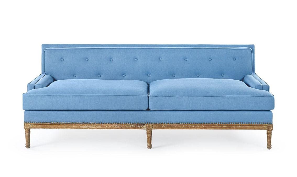 

    
Bungalow 5 Davis Traditional Cerused Oak Base Blue Fabric Living Room Sofa
