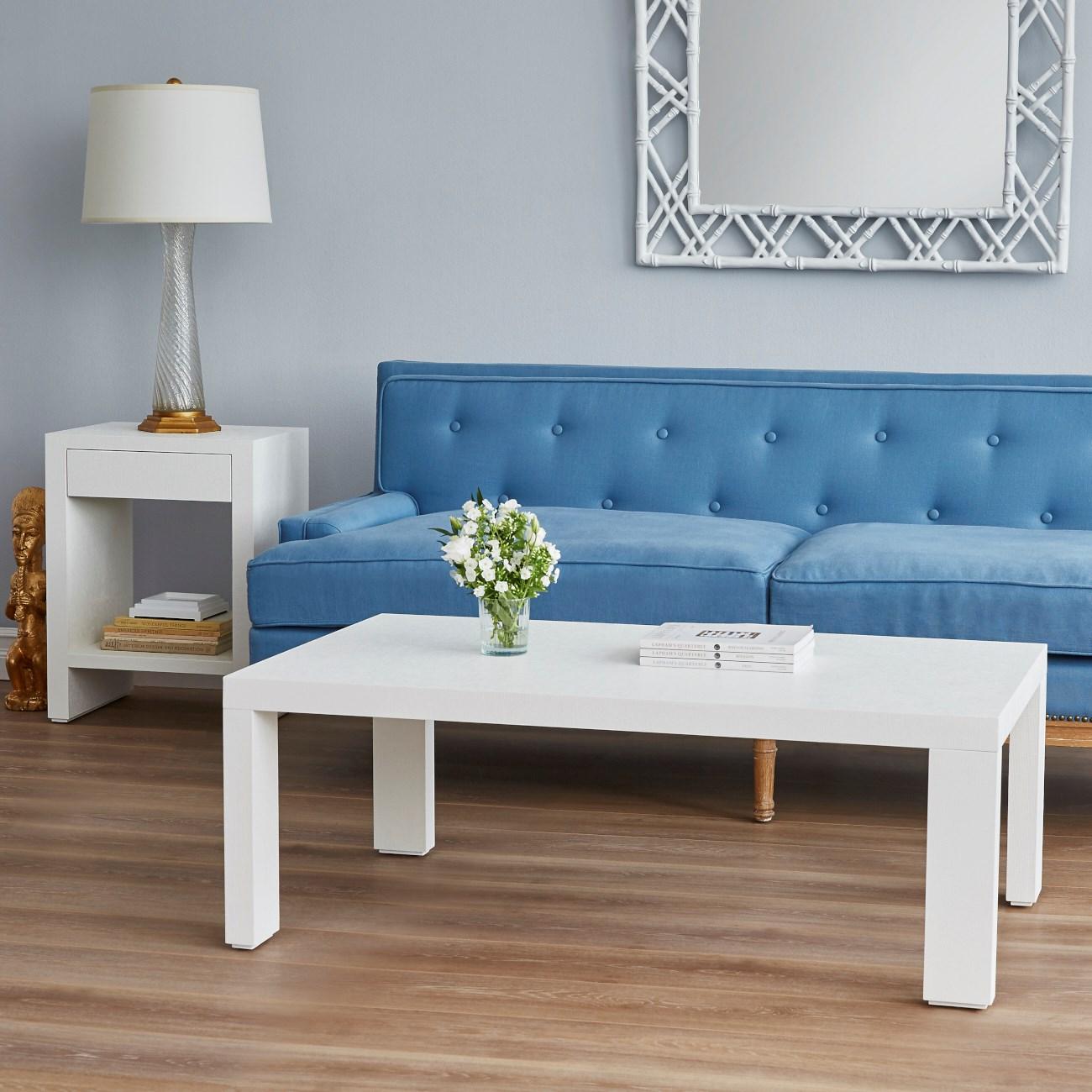 

    
Bungalow 5 Davis Traditional Cerused Oak Base Blue Fabric Living Room Sofa
