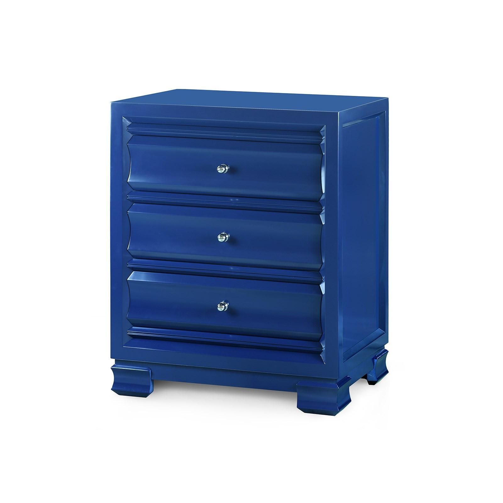 

    
Bungalow 5 Paramount Modern Navy Blue Lacquered Wood 3-Drawer Side Table
