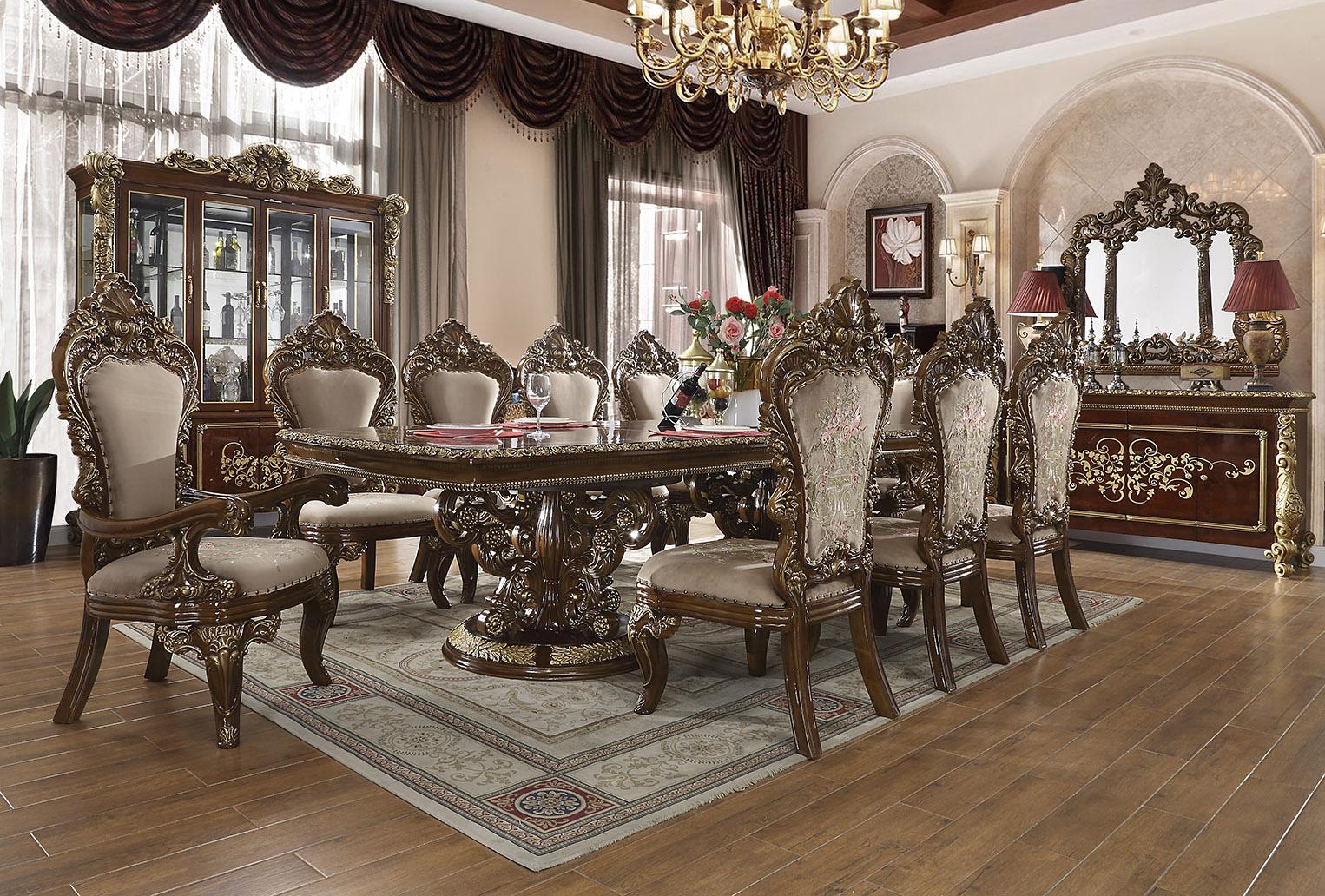 Traditional Dining Table Set HD-1803 HD-1803-7PC-DINING in Dark Brown, Gold Chenille