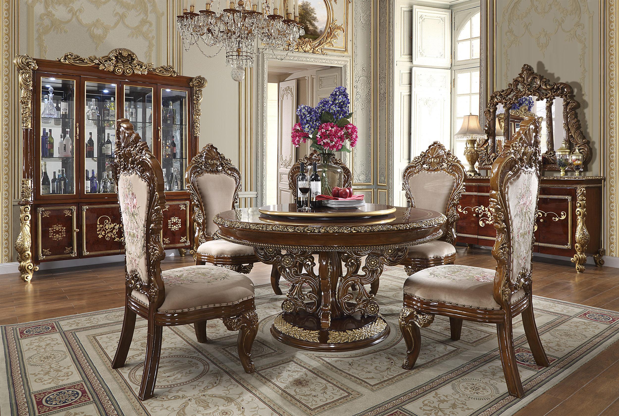 

    
Burl & Metallic Antique Gold Round Dining Room Set 5Pcs Traditional Homey Design HD-1803
