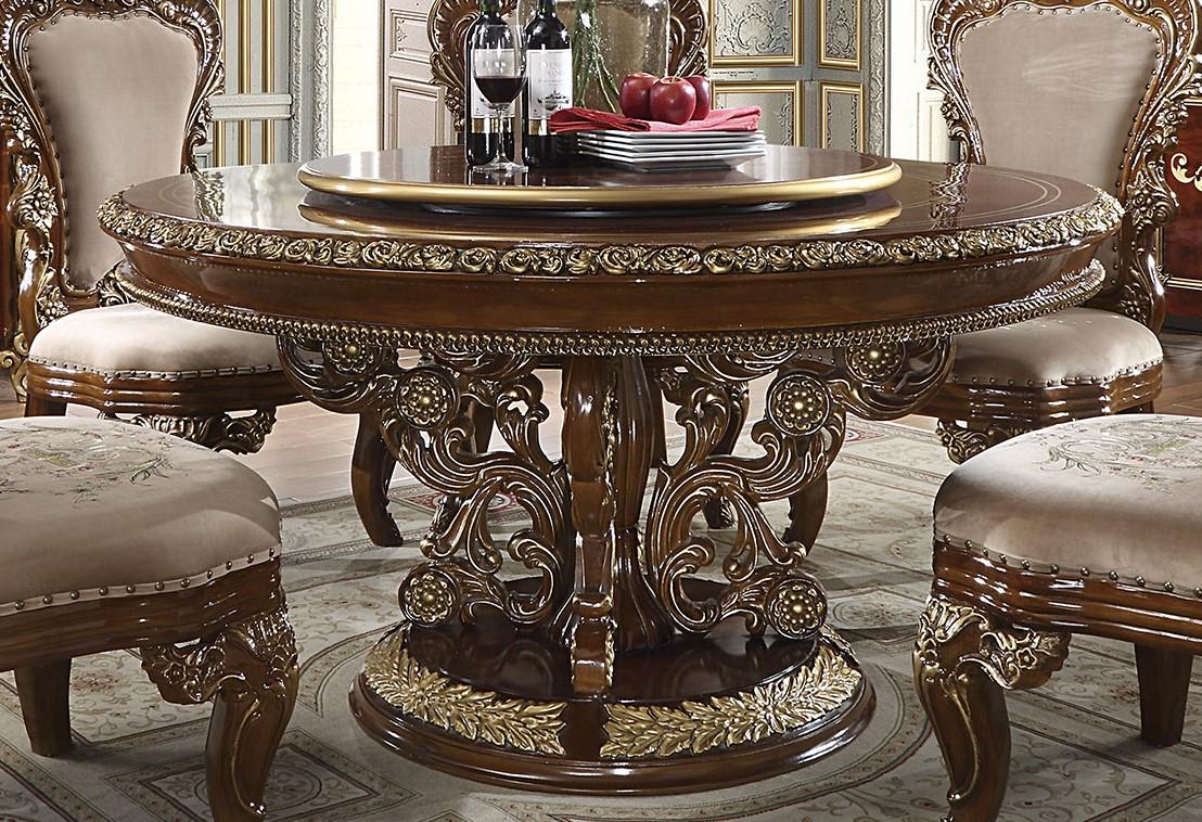 

    
Burl & Metallic Antique Gold Round Dining Table Traditional Homey Design HD-1803
