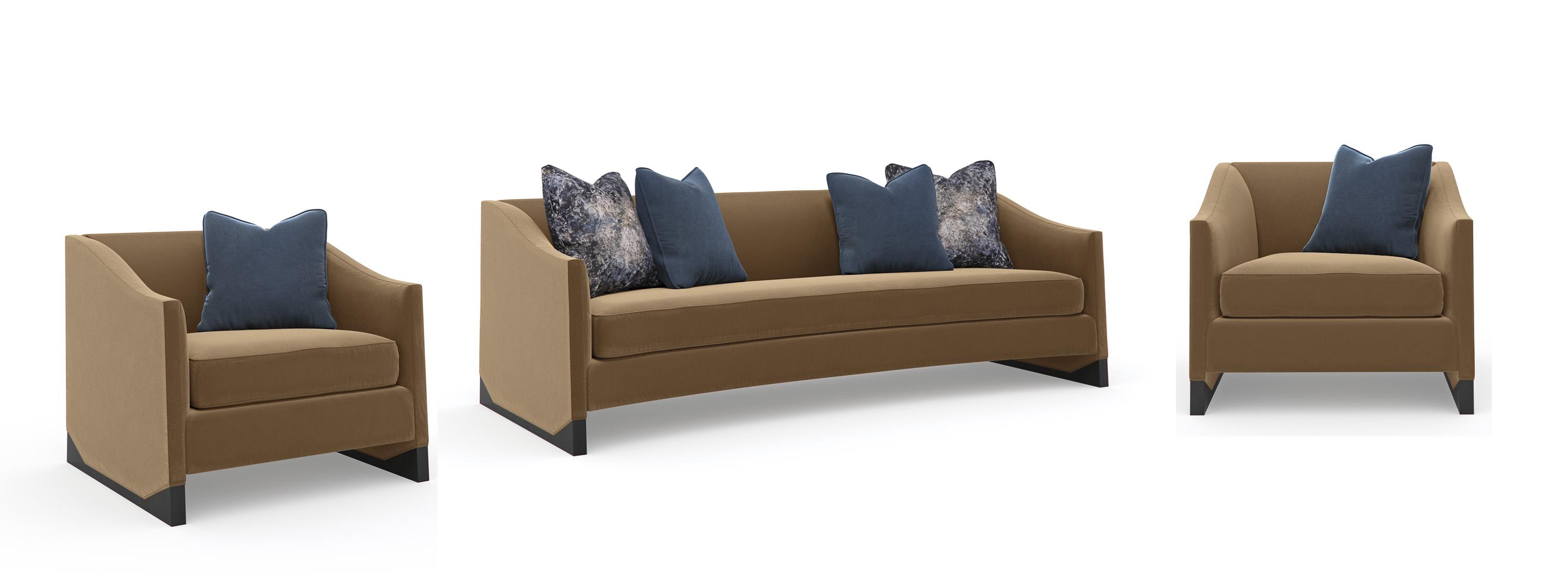 

    
Camel Colored Velvet Sofa Set 3Pcs Contemporary  Base Line Sofa by Caracole
