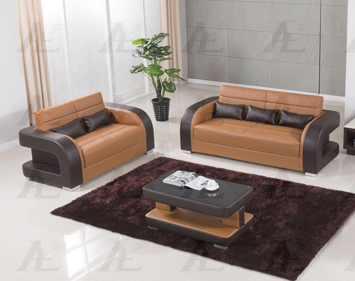 

    
Camel Dark Brown Faux Leather Sofa Set 2P AE-D816 American Eagle Modern
