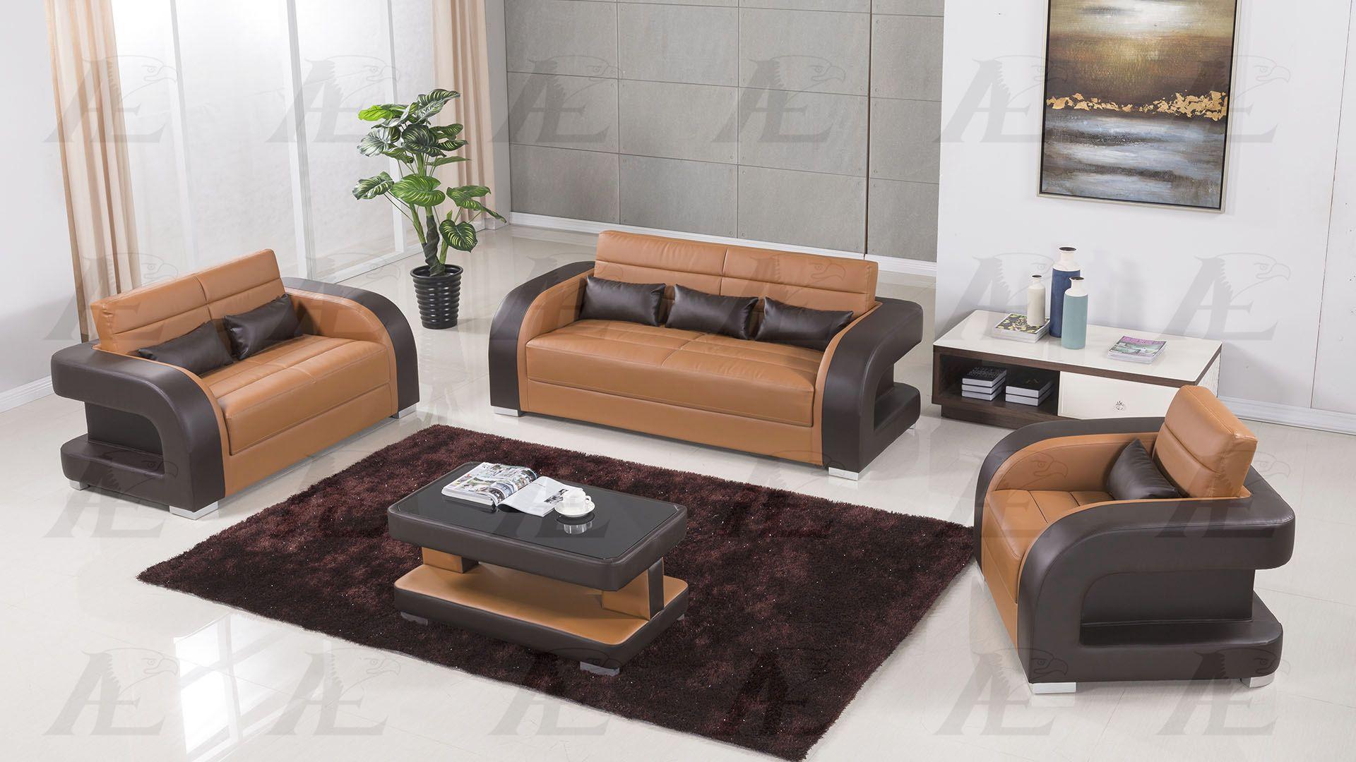 Contemporary, Modern Sofa Set AE-D816 AE-D816-CA.DB-Set-3 in Camel, Dark Brown Bonded Leather