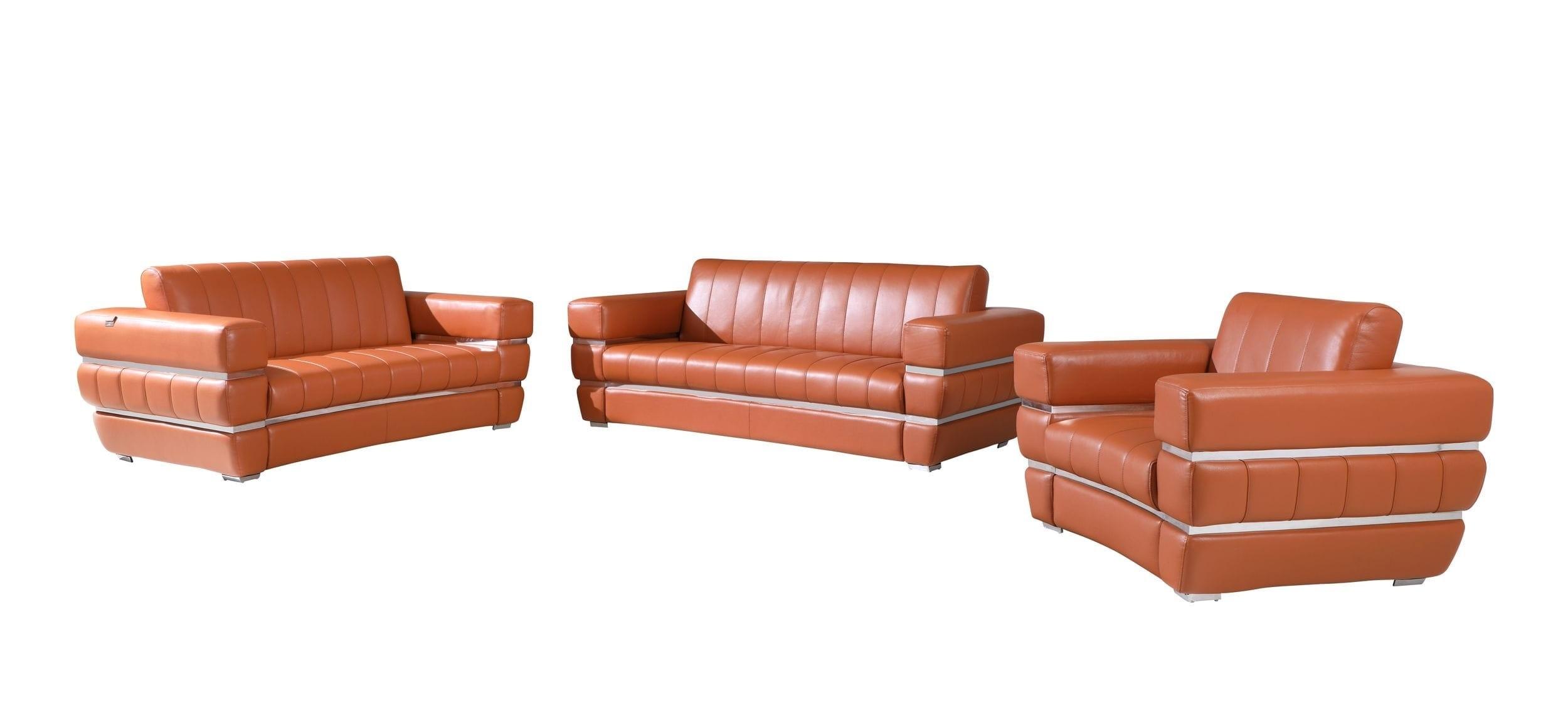 Contemporary Sofa Loveseat and Chair Set 904 904-CAMEL-3-PC in Camel Leather