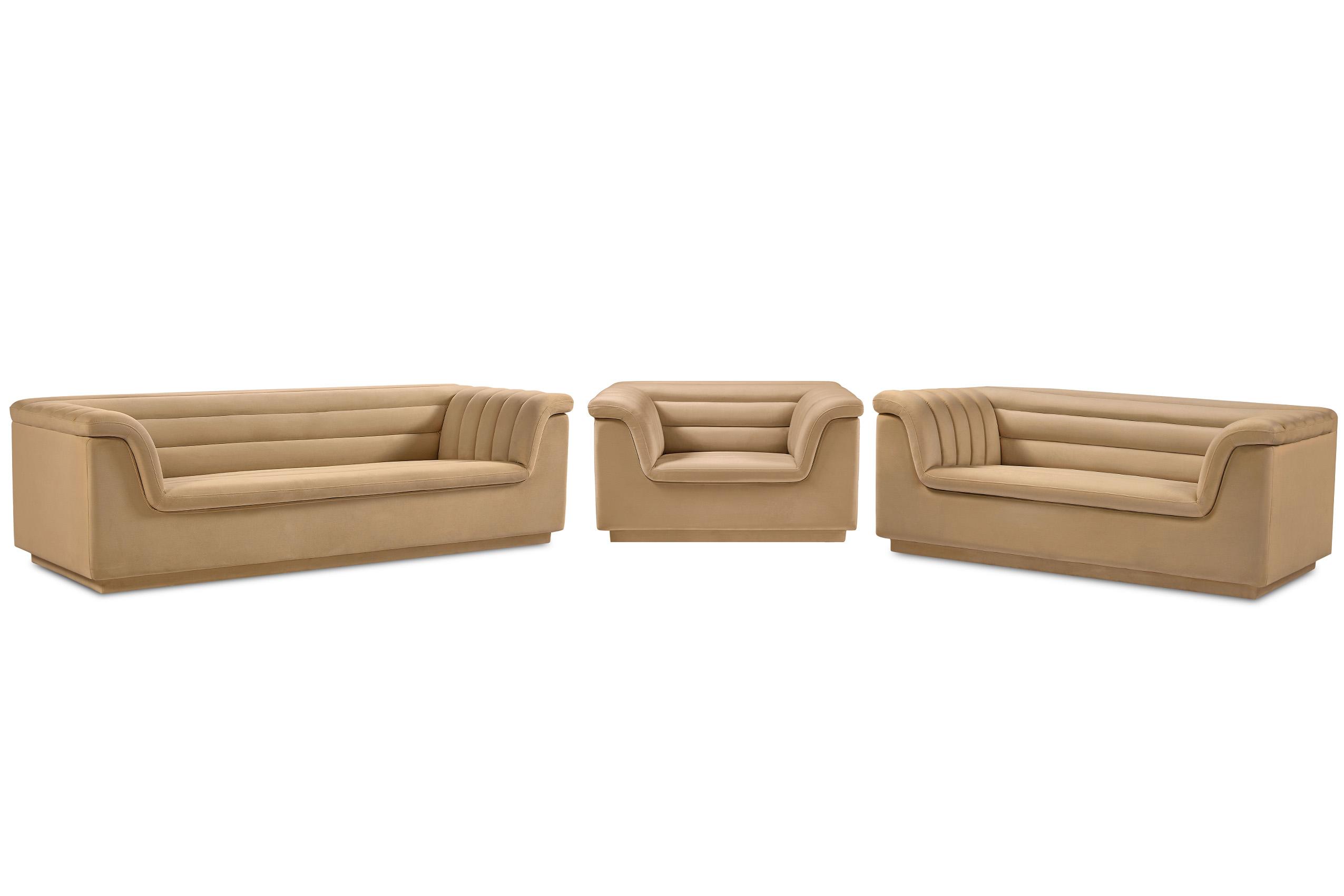 

    
Camel Velvet Channel Tufted Sofa Set 3Pcs CASCADE 192Camel-S Meridian Modern
