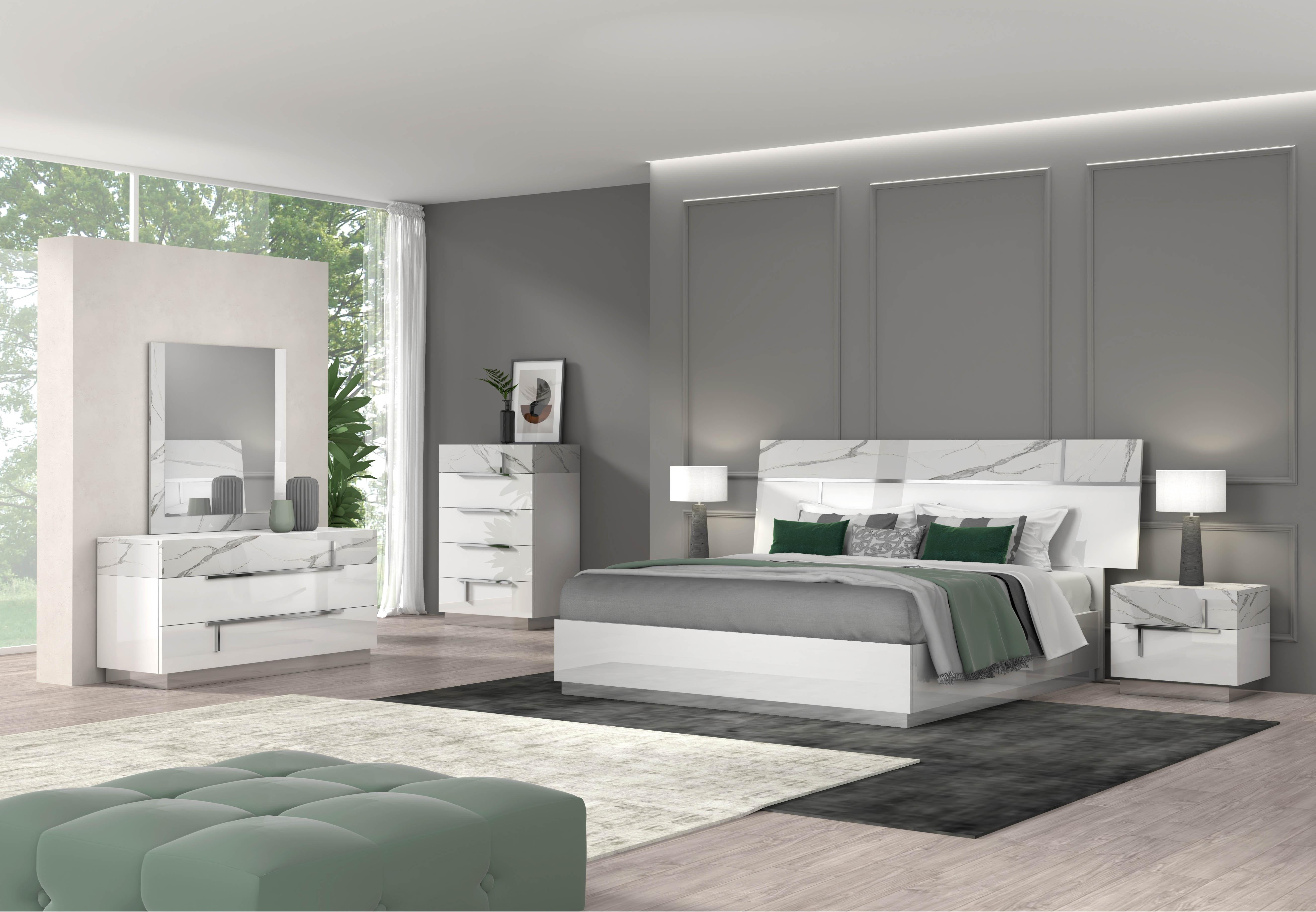 

    
Carrara Marble Finish King Size Premium Bedroom Set 5Pcs Modern J&M Sunset
