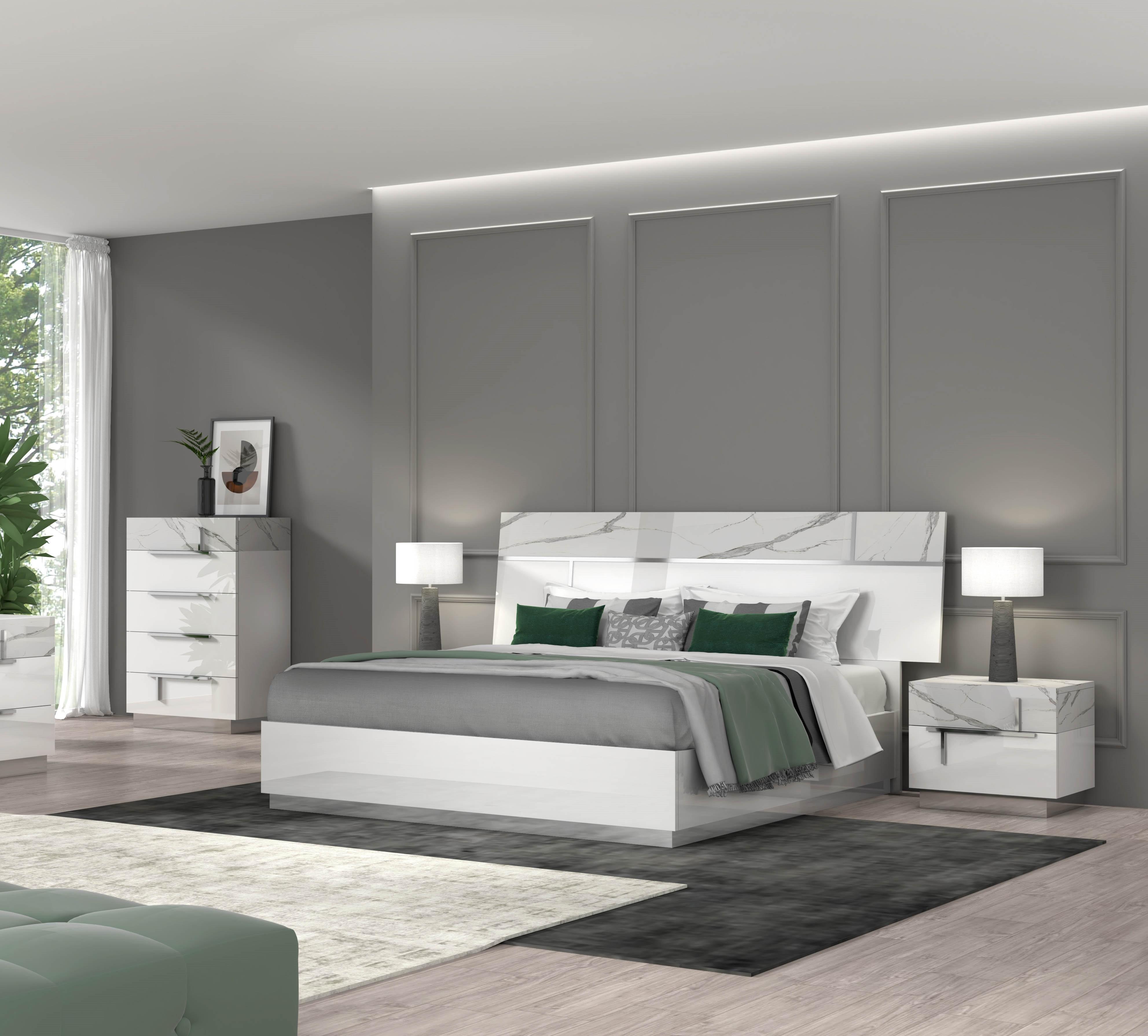

    
Carrara Marble Finish Queen Size Premium Bedroom Set 3Pcs Modern J&M Sunset
