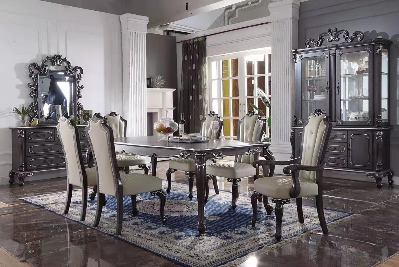 Classic, Traditional Dining Table Set House Delphine 68830-Set-7 in Dark Gray, Silver Fabric