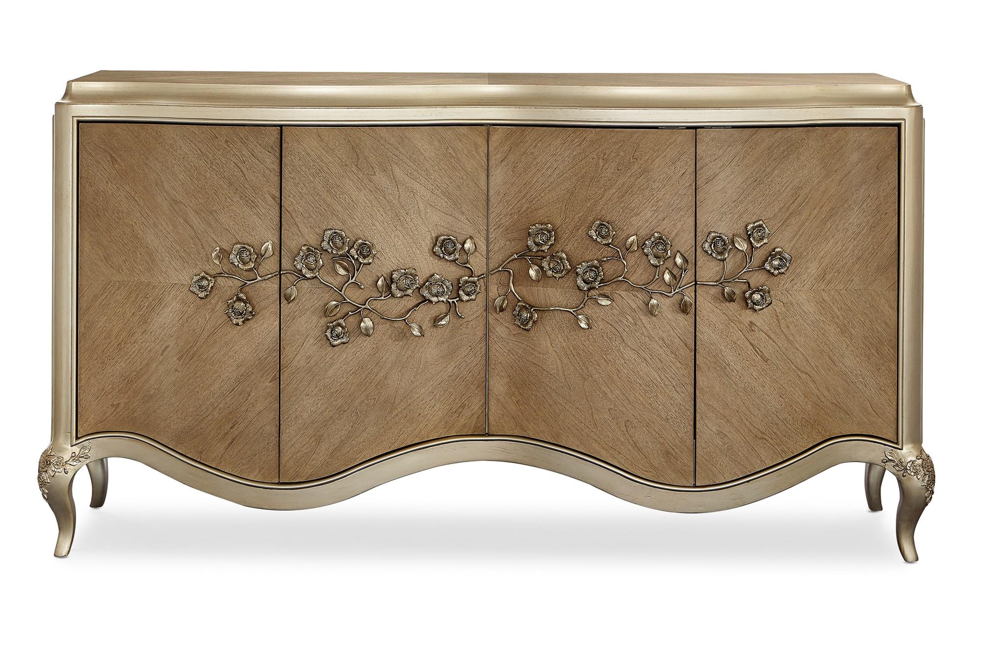 

    
Cendre & Champagne Mist Buffet W/ Gold Sculptural Flower FONTAINEBLEAU by Caracole
