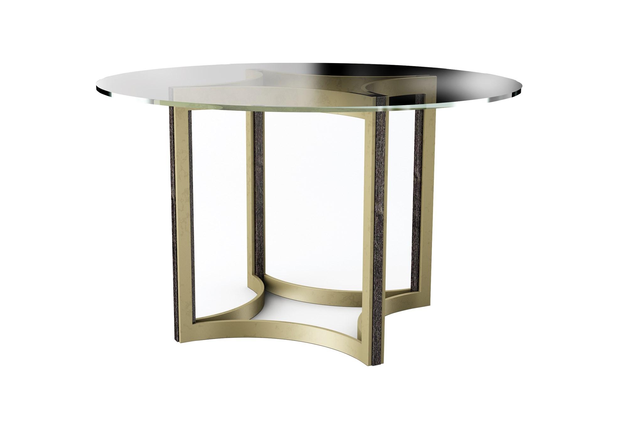 

    
Cerused Oak & Bronze Gold Metal Dining Table REMIX GLASS TOP TABLE 48" by Caracole
