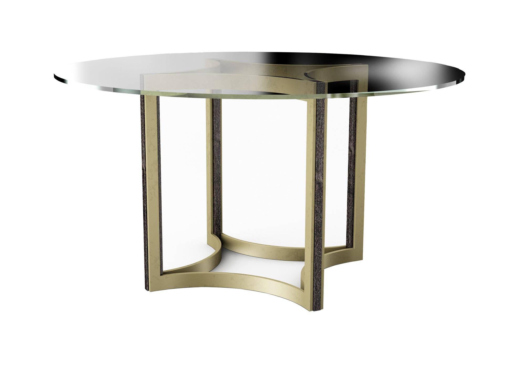

    
Cerused Oak & Bronze Gold Metal Dining Table REMIX GLASS TOP TABLE 54" by Caracole
