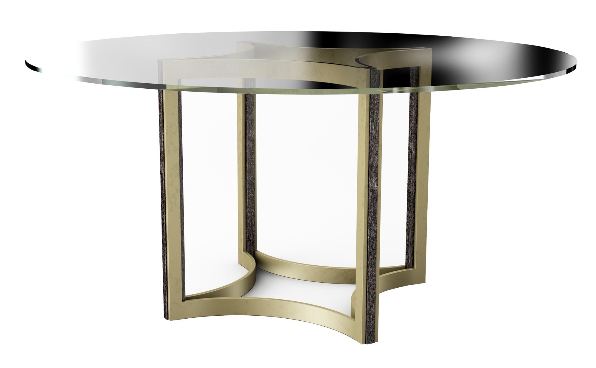 

    
Cerused Oak & Bronze Gold Metal Dining Table REMIX GLASS TOP TABLE 60" by Caracole
