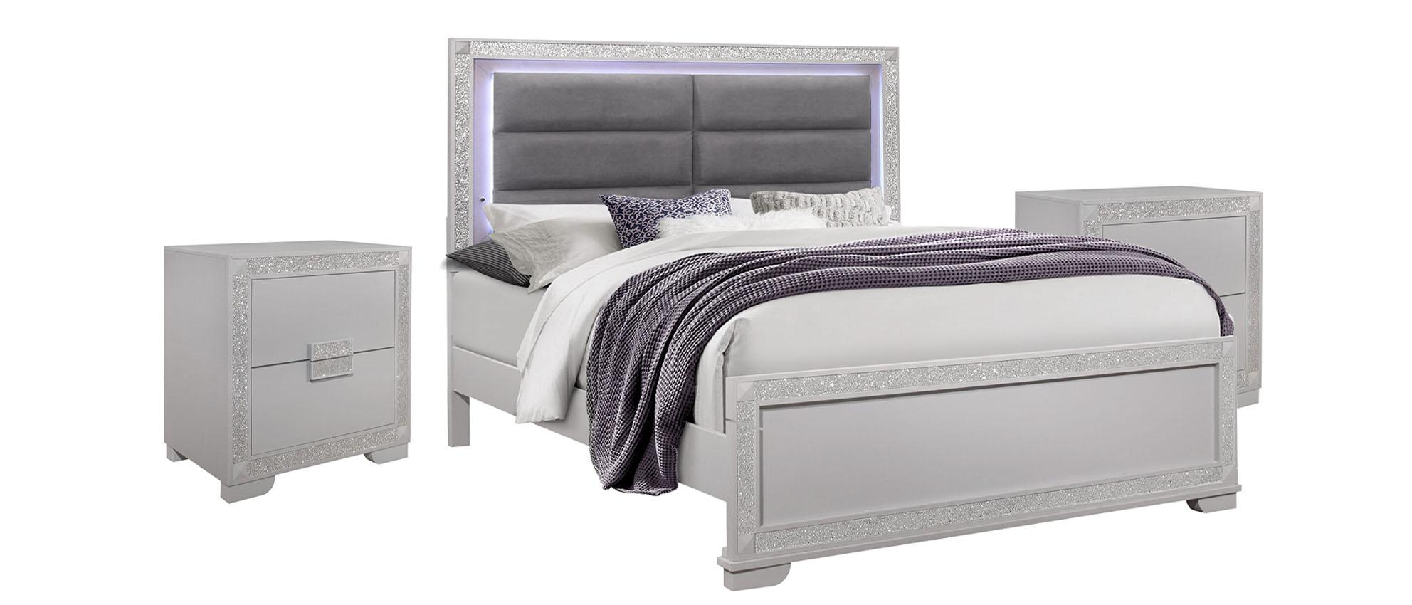 

    
CHALICE Glam Style Silver Queen Bedroom Set 3Pcs w/ Led Lights & Crystals Global USA
