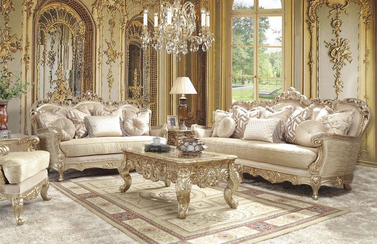 Traditional Sofa Set HD-8925 HD-8925-2PC in Gold Finish, Silver, Champagne Fabric