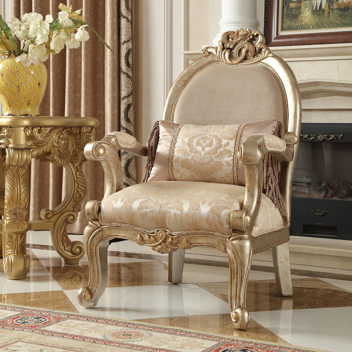 

    
Champagne Chenille Armchair Carved Wood Traditional Homey Design HD-2663
