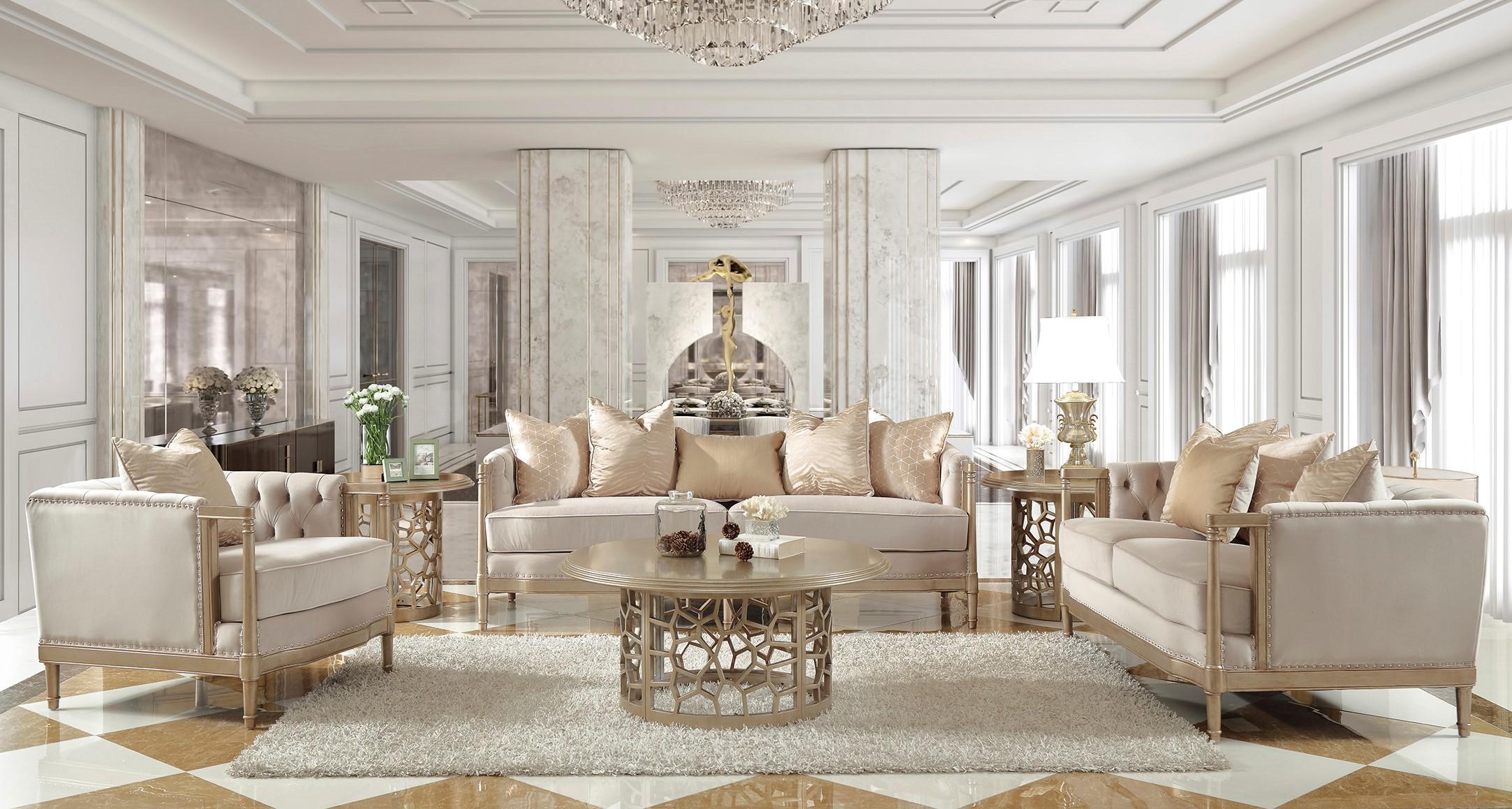 Champagne Finish Luxury Fabric Sofa Set 3Pcs Traditional Homey Design ...