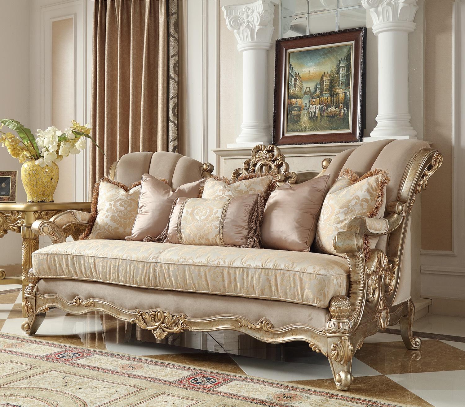 Champagne Chenille Sofa Set 2Pcs Carved Wood Traditional Homey Design ...