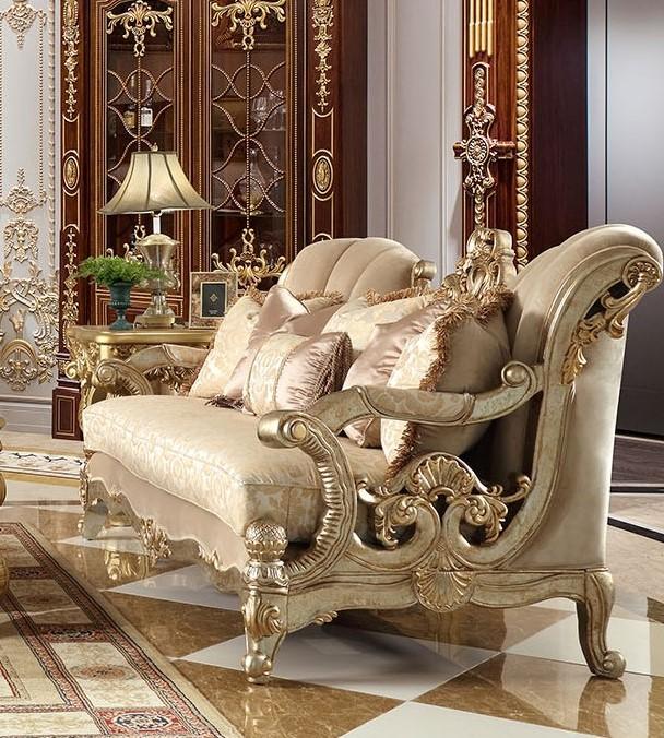 

    
Champagne Chenille Sofa Carved Wood Traditional Homey Design HD-2663
