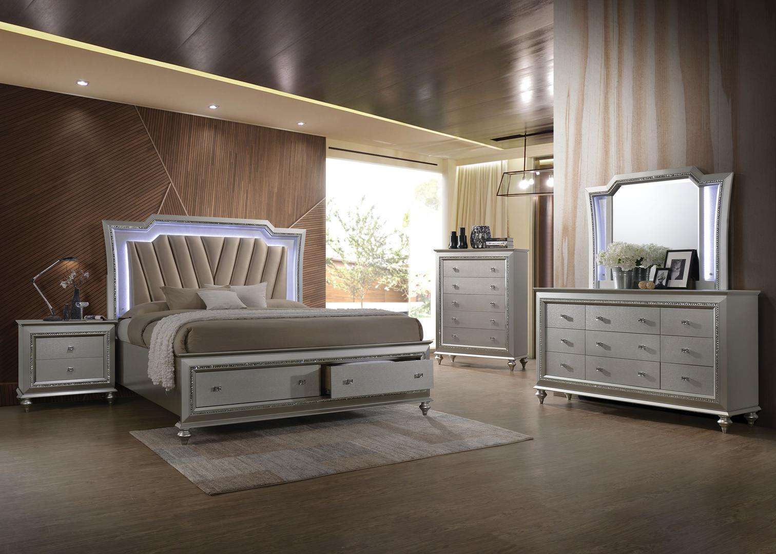 Contemporary, Modern Storage Bedroom Set Kaitlyn Kaitlyn-27230Q-Set-5 in Champagne Fabric