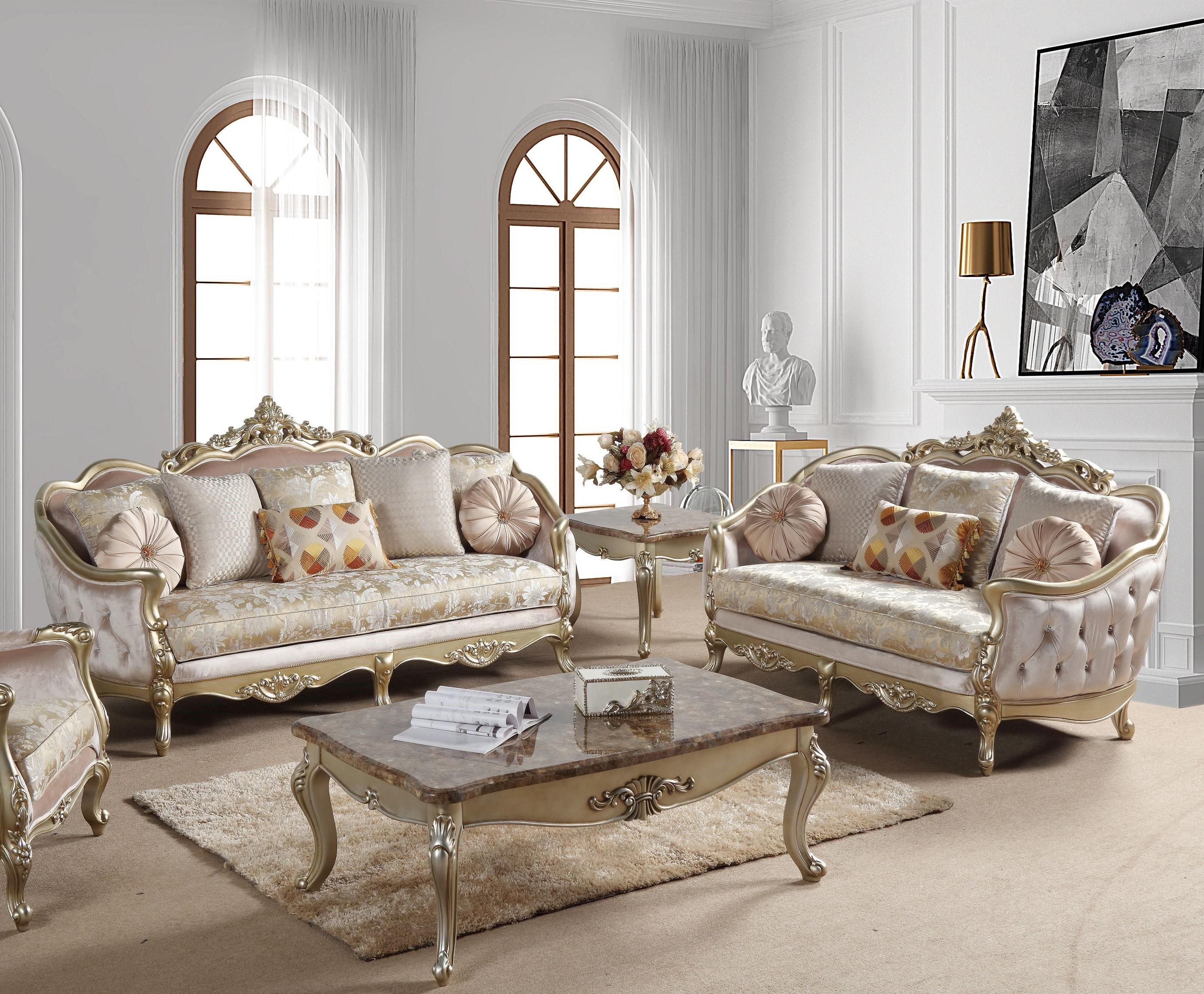 Traditional Sofa and Loveseat Set Diana Diana-Set-2 in Champagne Fabric