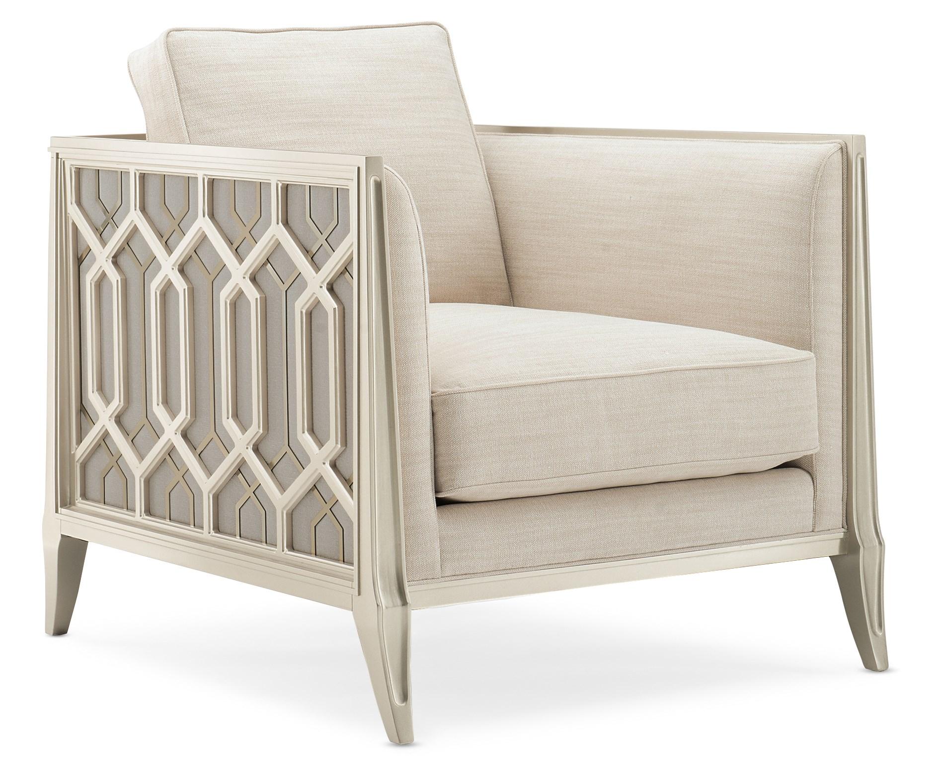 

    
Champagne Gold Metal Fretwork & Wood Accent Chair JUST DUET by Caracole
