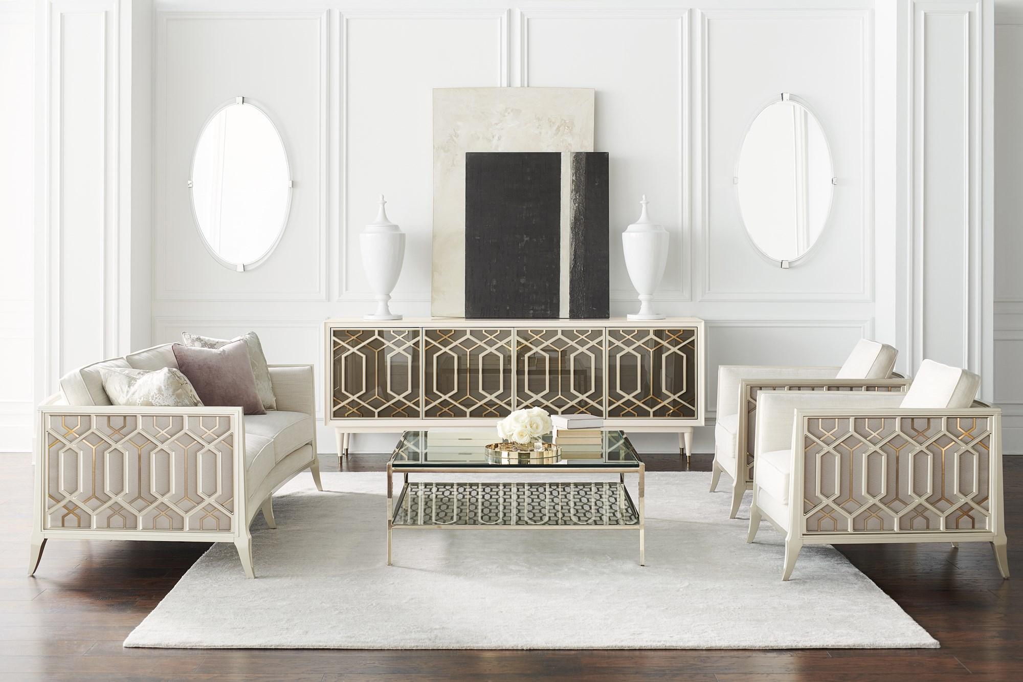 

    
Champagne Gold Metal Fretwork & Wood Accent Chairs & Cabinet Set 3Pcs JUST DUET by Caracole
