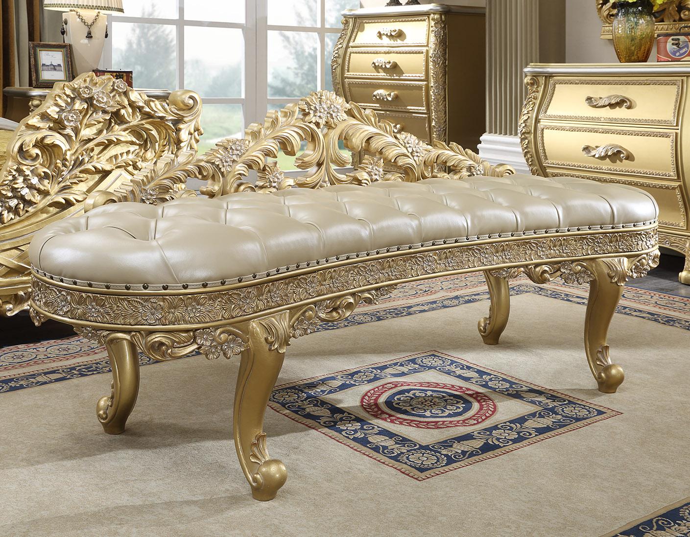 Traditional Bench HD-1801 HD-BEN1801 in Silver, Gold Faux Leather