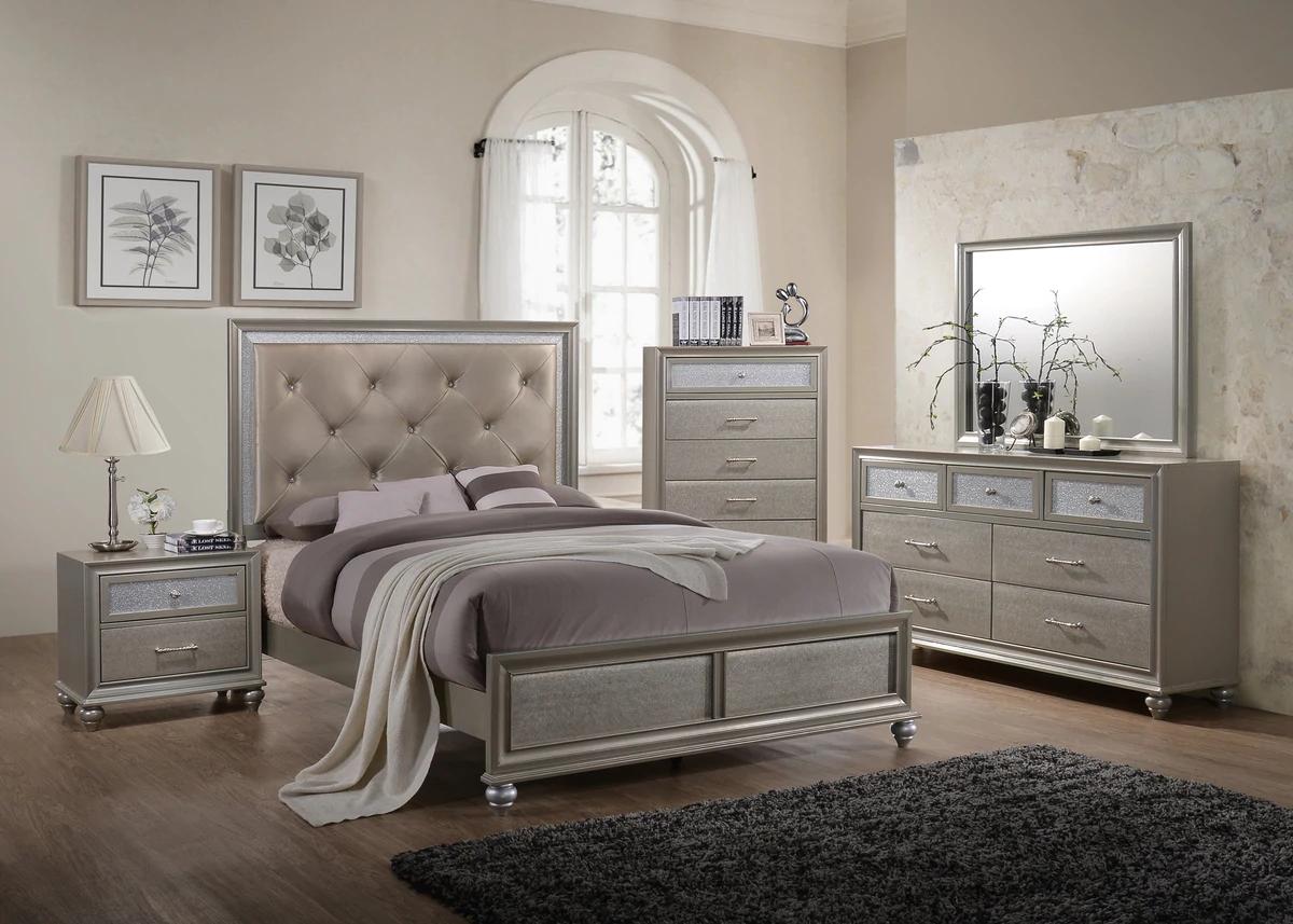 

    
Champagne Panel Bedroom Set by Crown Mark Lila B4390-Q-Bed-6pcs
