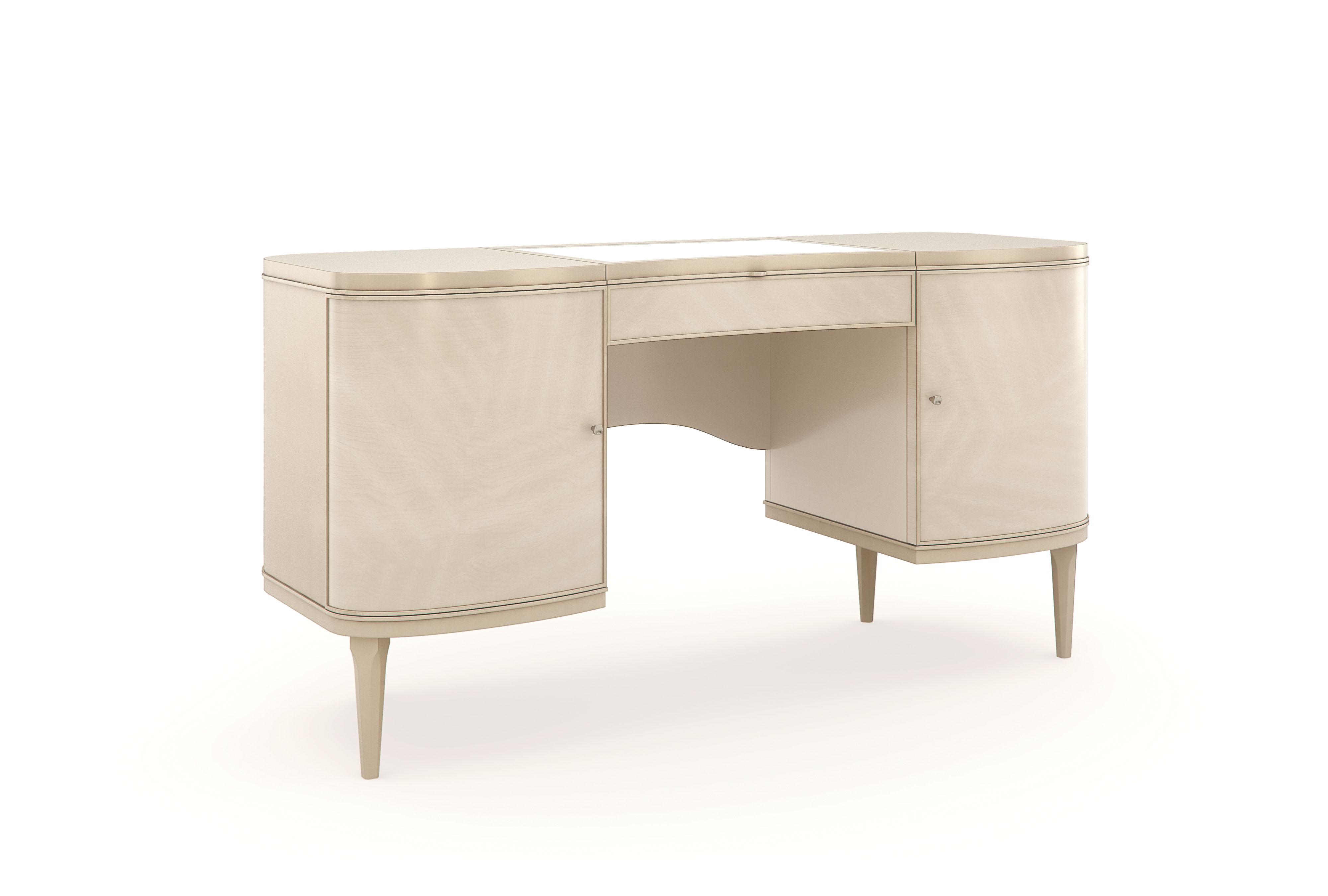 

    
Champagne Pearl Natural Glow Finish Two Doors Vanity Table Fancy Me by Caracole
