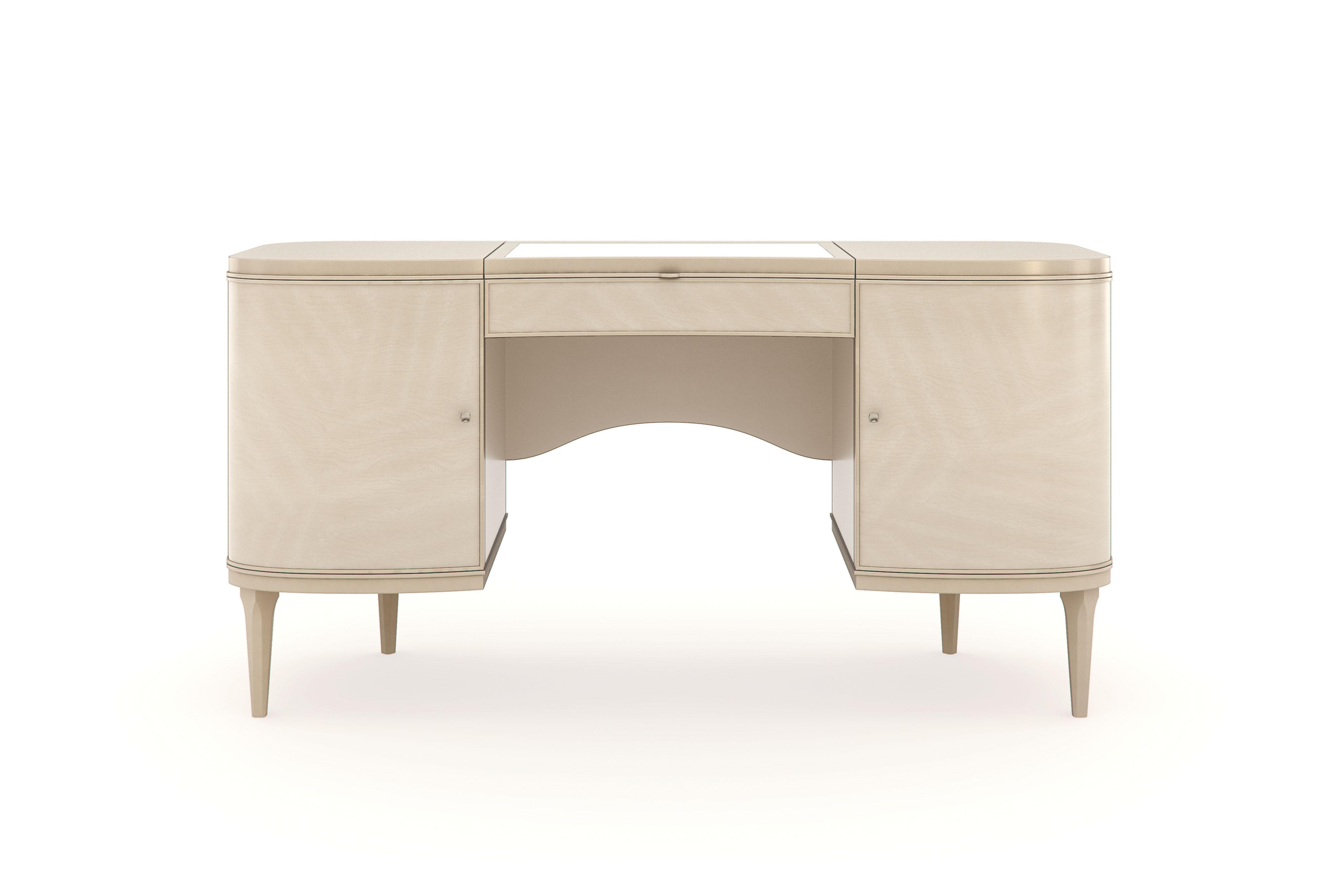 

    
Champagne Pearl Natural Glow Finish Two Doors Vanity Table Fancy Me by Caracole

