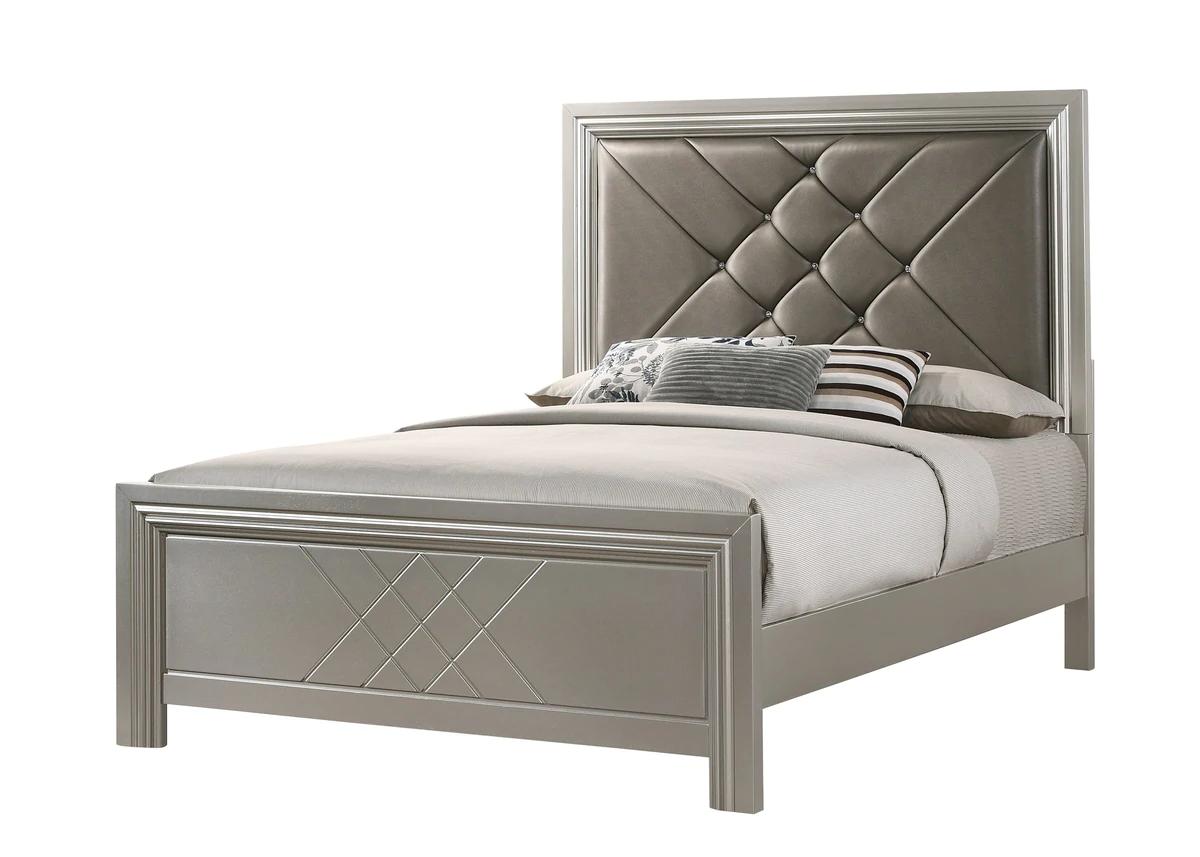Modern Panel Bed Phoebe B6970-CK-Bed in Silver, Champagne PU
