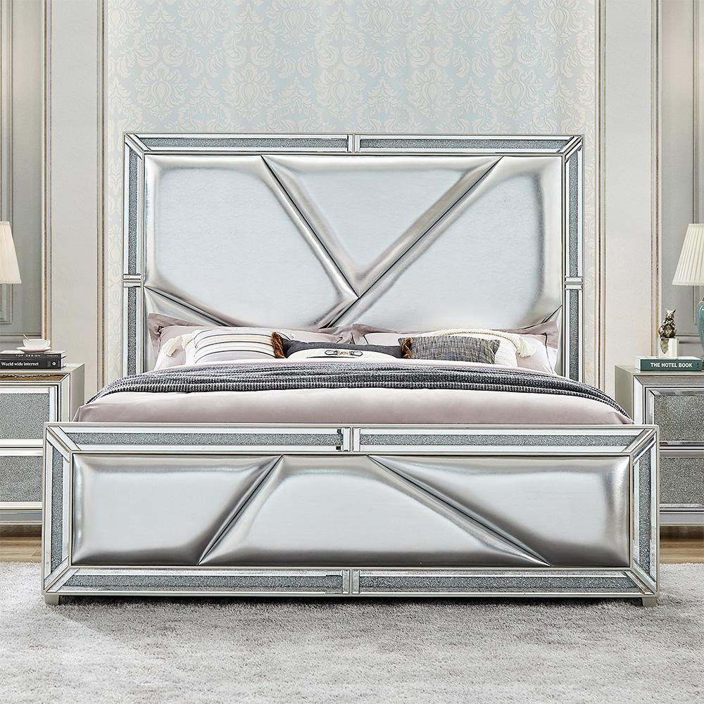 

    
Champagne Silver Leather CAL King Bedroom Set 3Pcs Homey Design HD-6045
