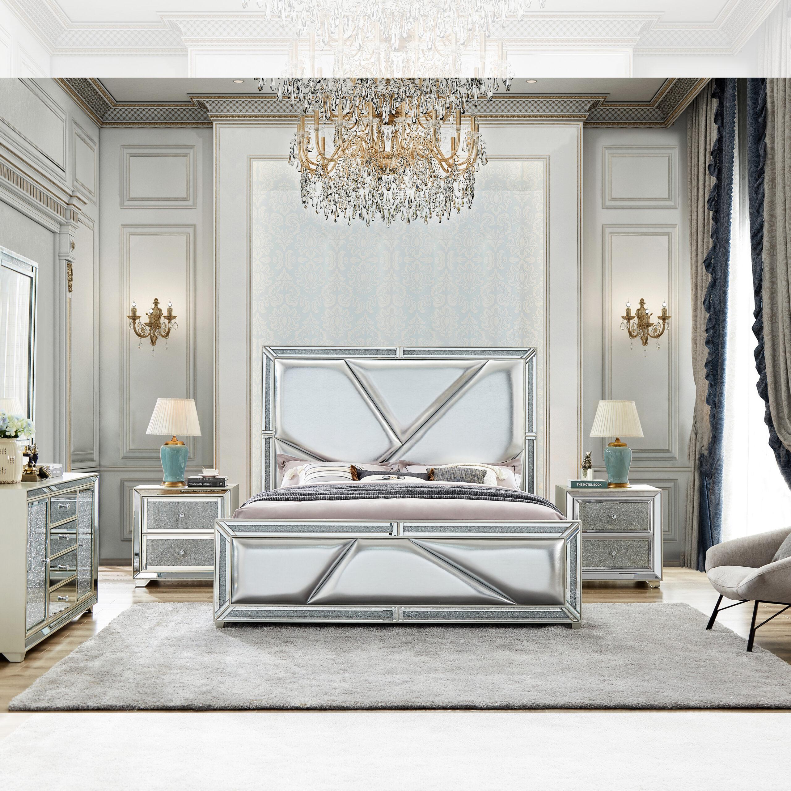 Modern Panel Bedroom Set HD-6045 HD-6045EK-BED-3PC in Silver, Champagne Leather