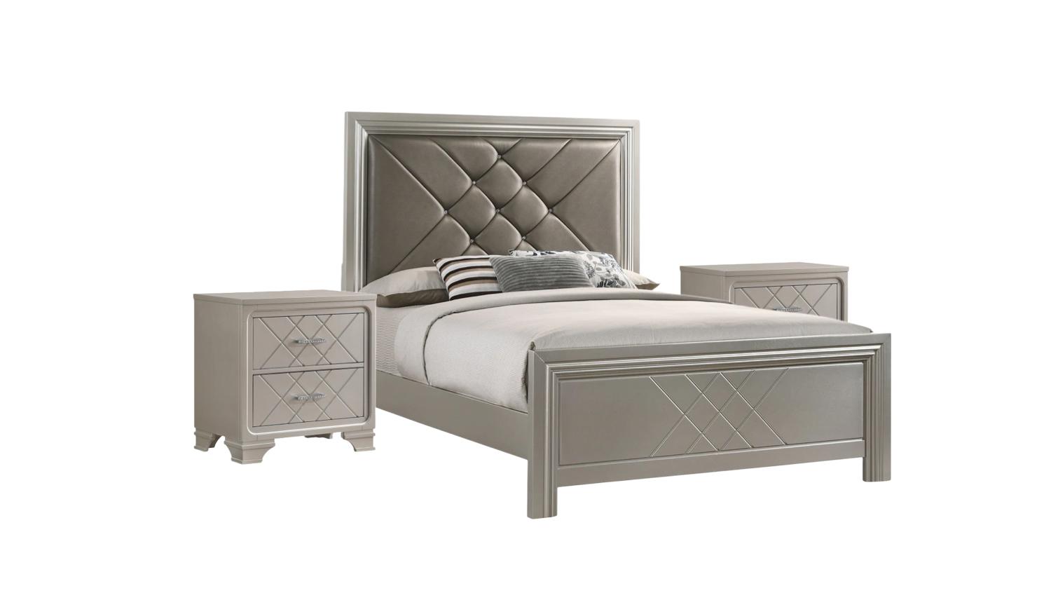 Modern Panel Bedroom Set Phoebe B6970-CK-Bed-3pcs in Silver, Champagne PU