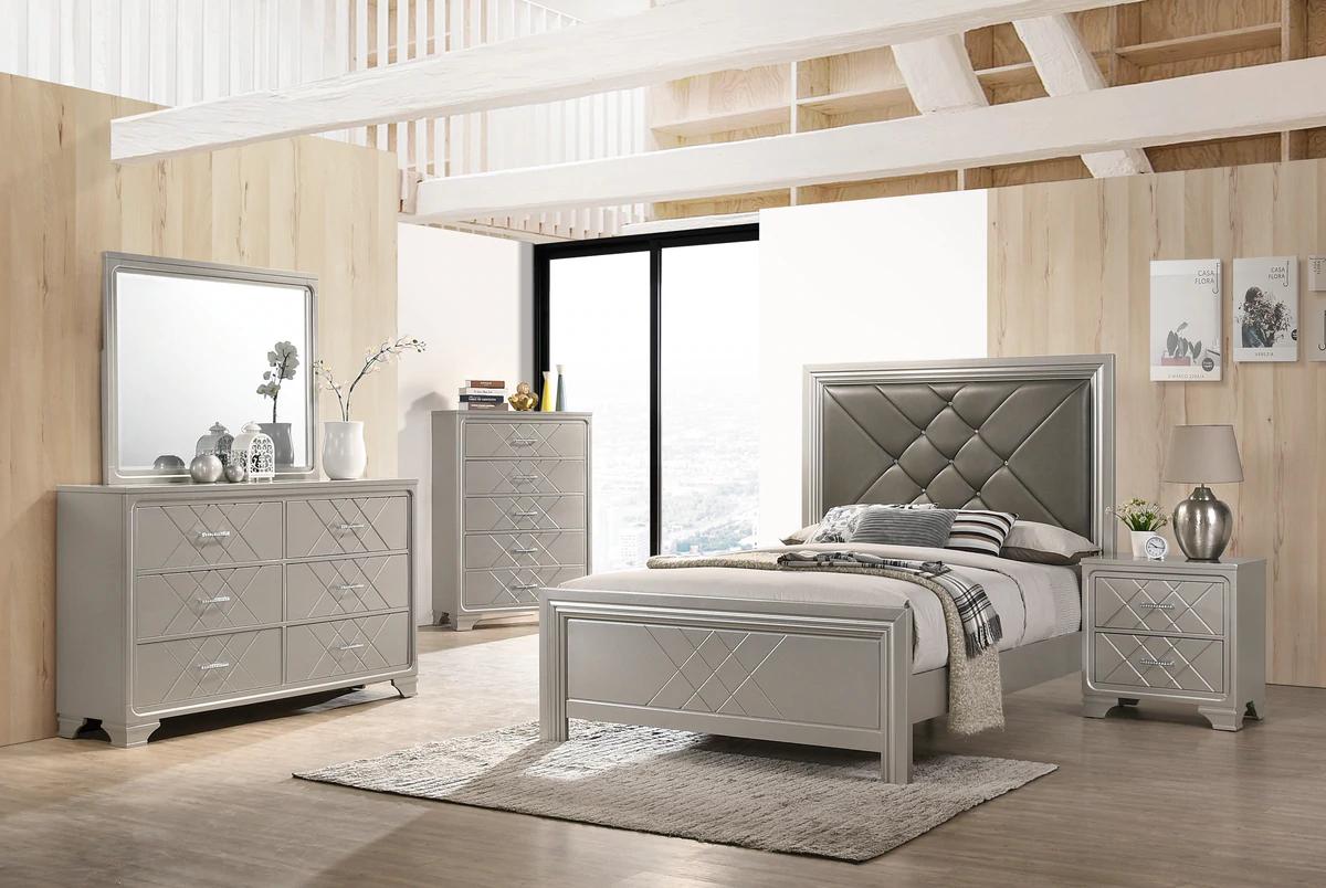 Modern Panel Bedroom Set Phoebe B6970-CK-Bed-5pcs in Silver, Champagne PU