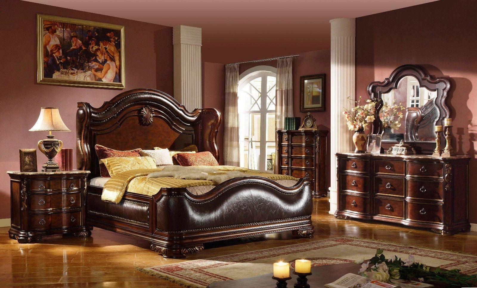 Classic, Traditional Sleigh Bedroom Set B3000 B3000-EK-2NDMC-6PC in Cherry Leather