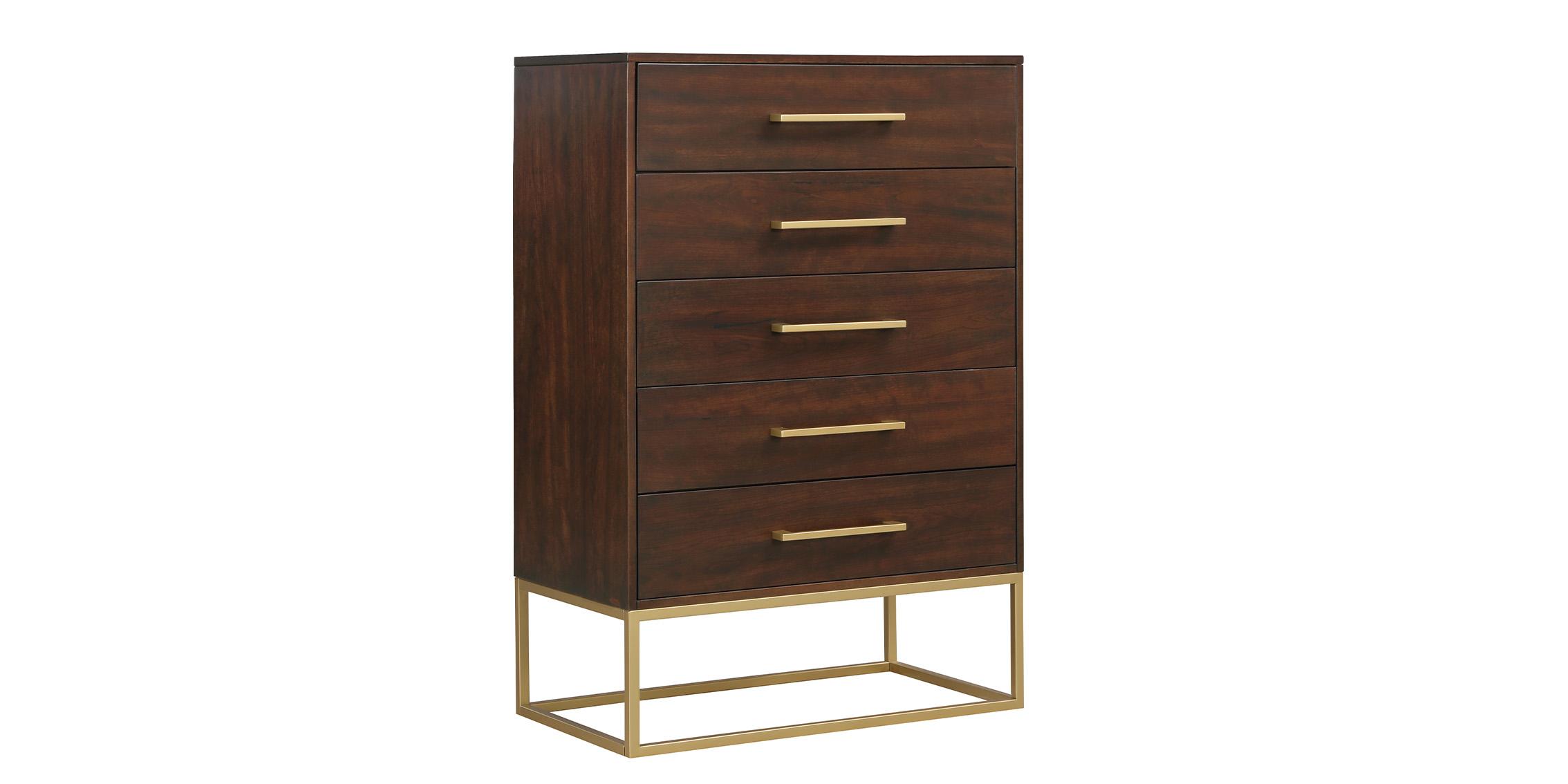 

    
Cherry & Brushed Gold Five Drawer Chest MAXINE 848Brown-CH Meridian Modern

