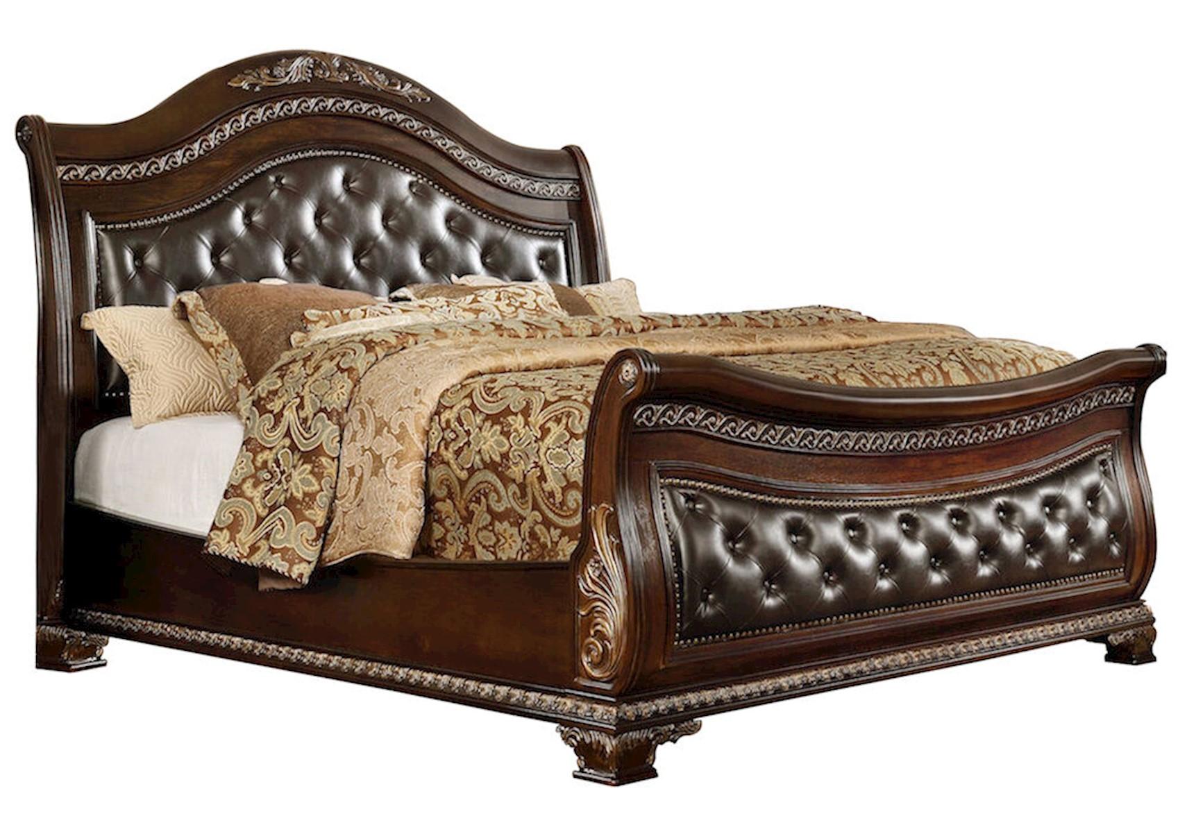 

    
Dark Cherry Finish Leather Upholstery Sleigh CAL King Bedroom 4Pcs Traditional McFerran B9588
