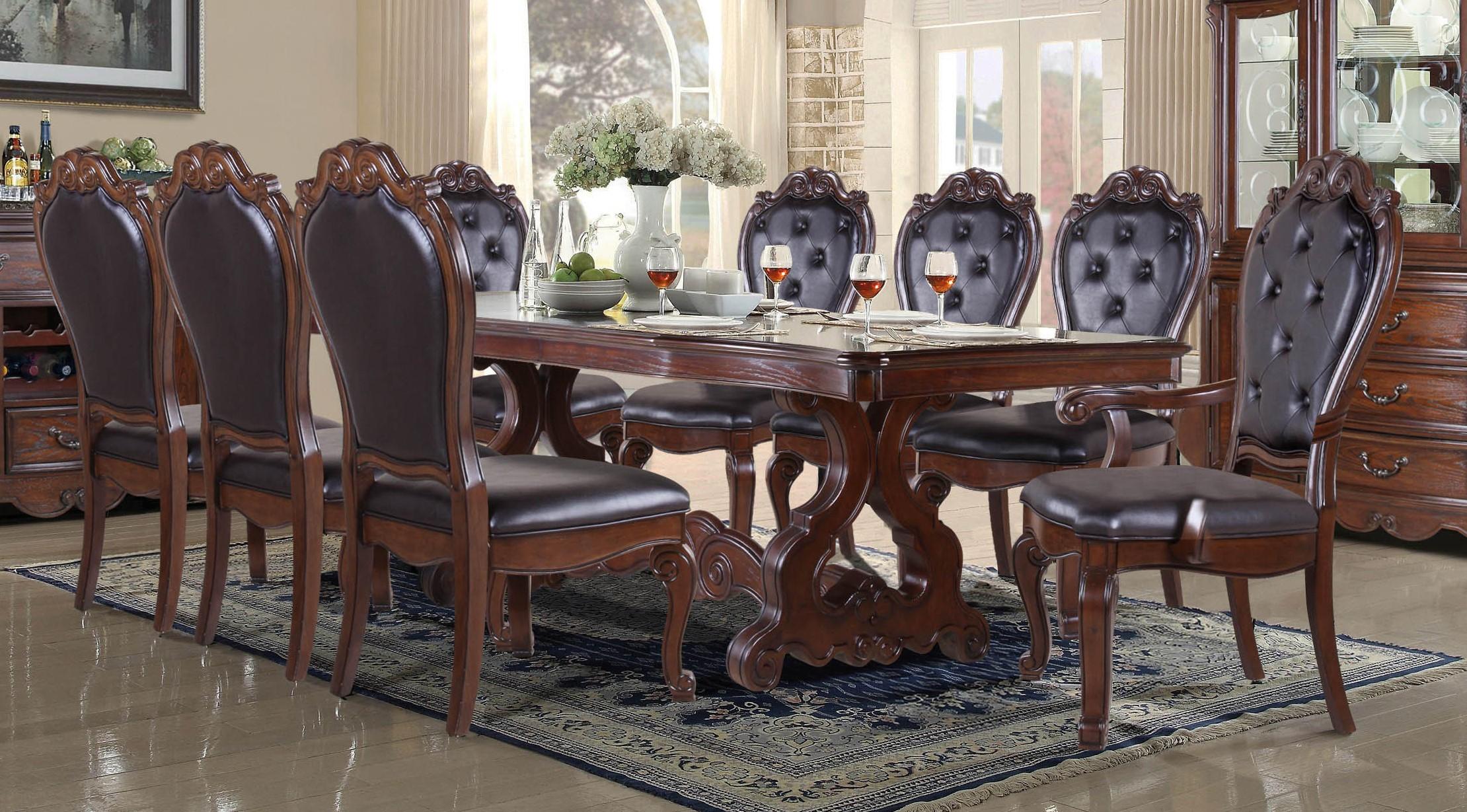 

    
Cherry Carved Wood Dining Table Set 9 Pcs Traditional McFerran D527
