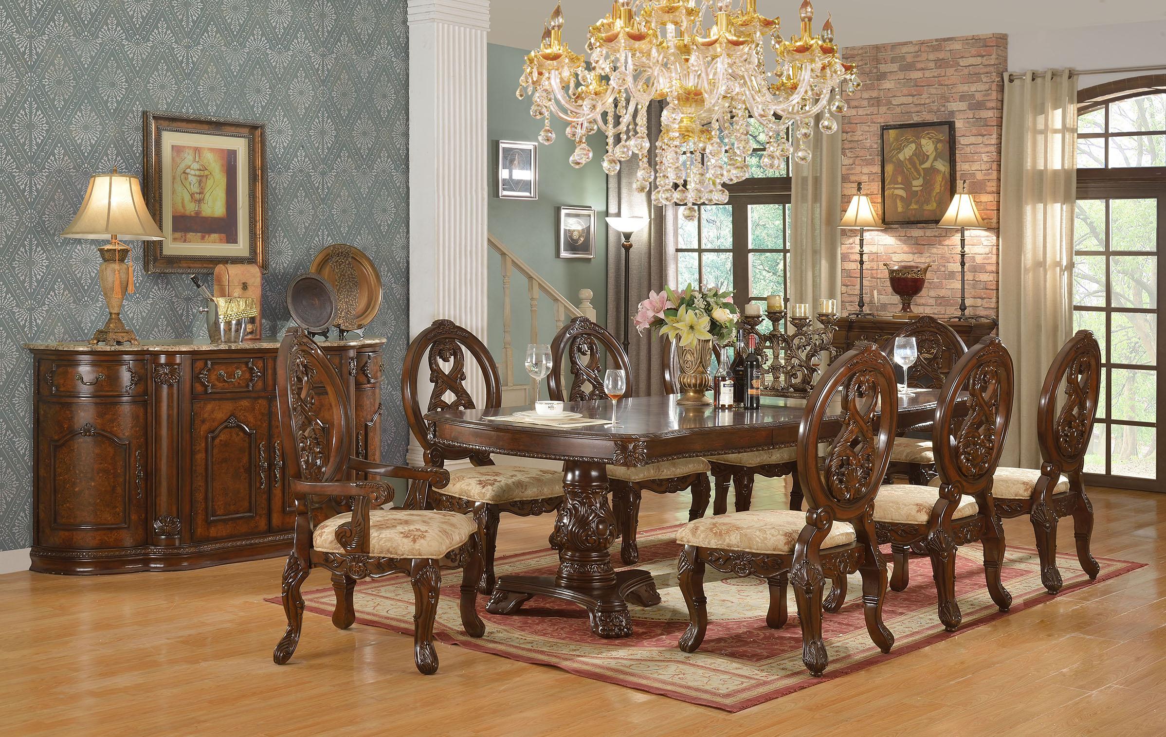 Traditional Dining Room Set D6004 D6004-8PC in Cherry, Beige Chenille