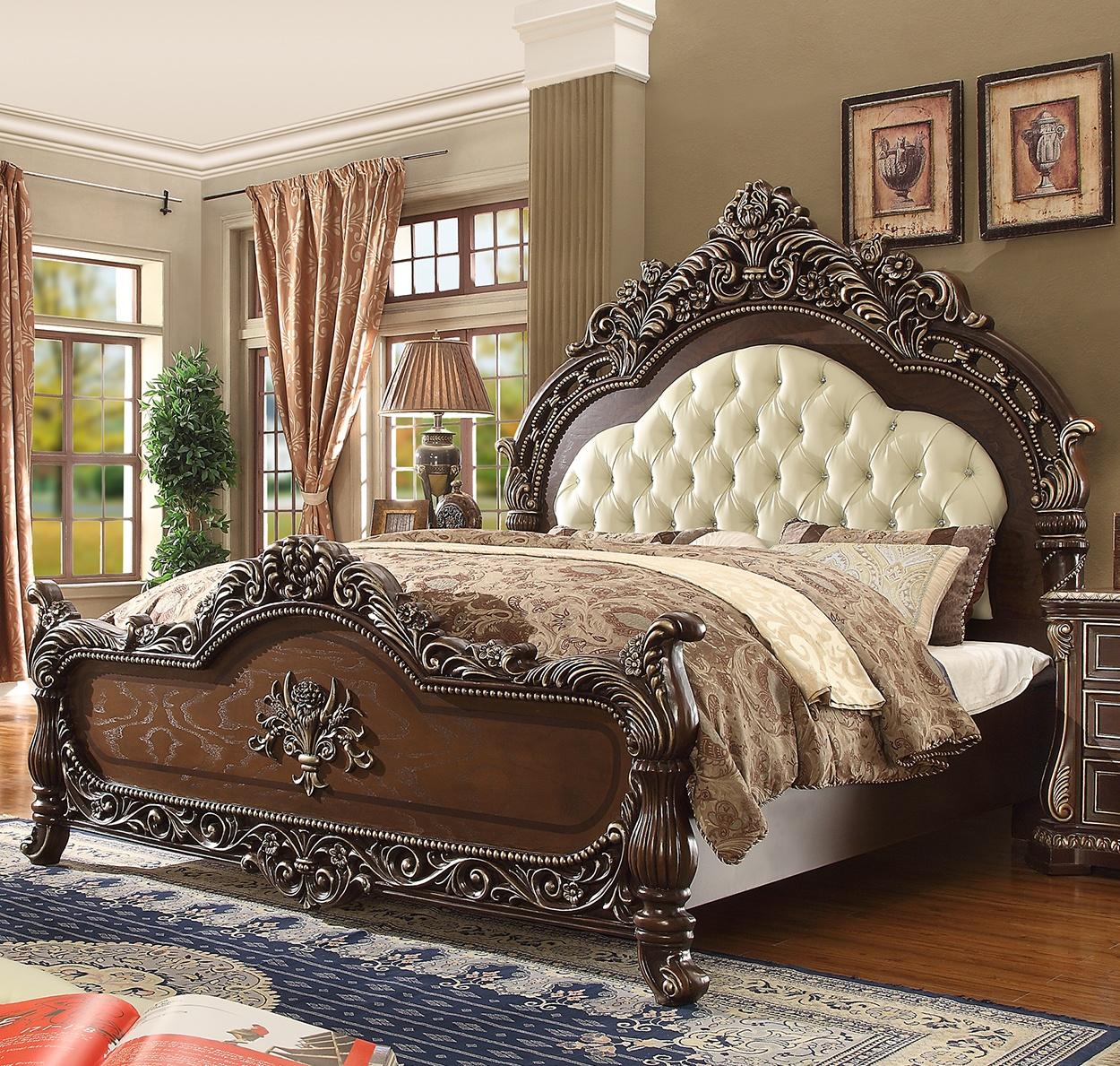 Traditional Panel Bed HD-8013 HD-8013 CK BED in Cherry, Cream, Brown Leather